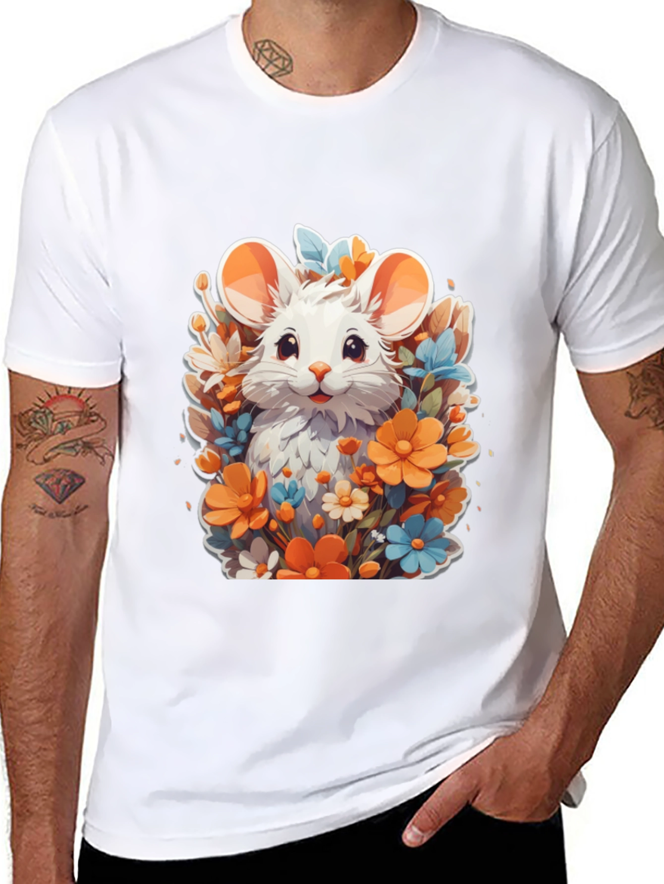 Cute Mouse & Flowers Black T-Shirt