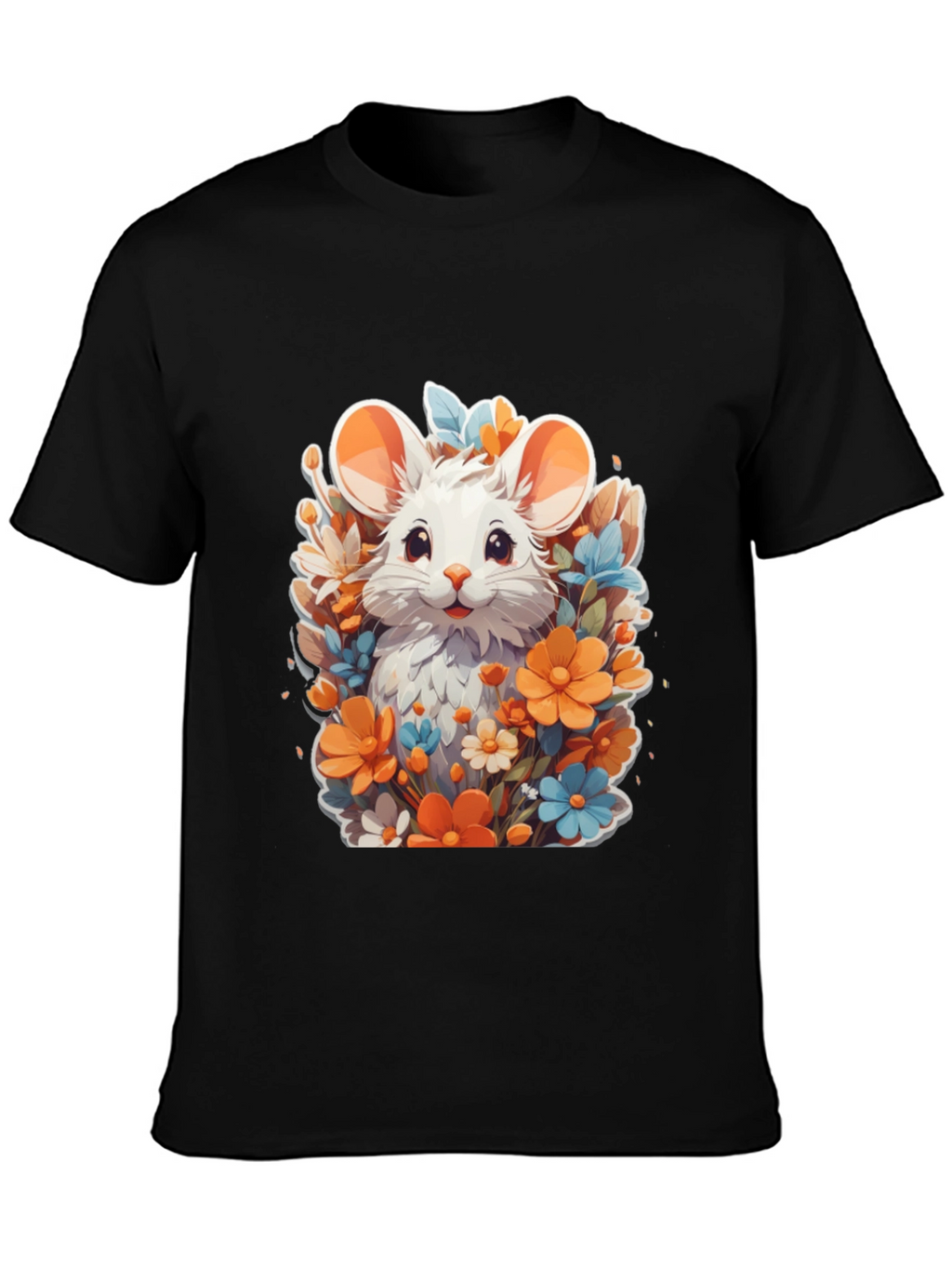 Cute Mouse & Flowers Black T-Shirt