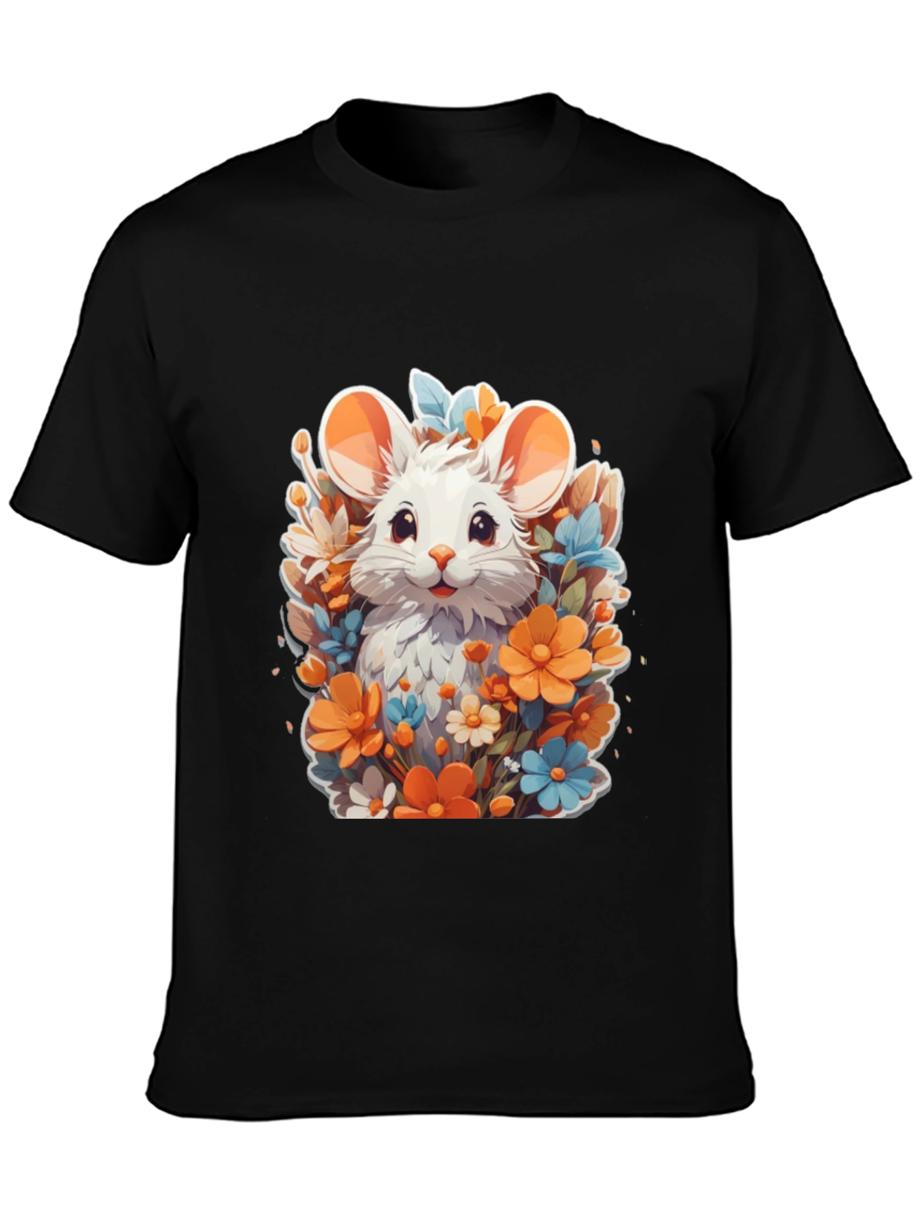 Cute Mouse & Flowers Black T-Shirt