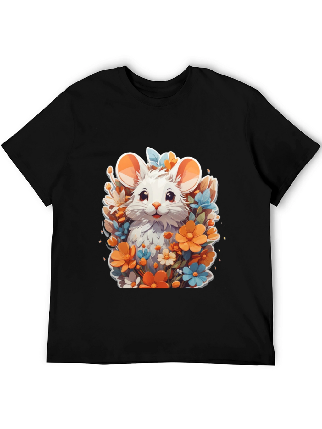 Cute Mouse & Flowers Black T-Shirt