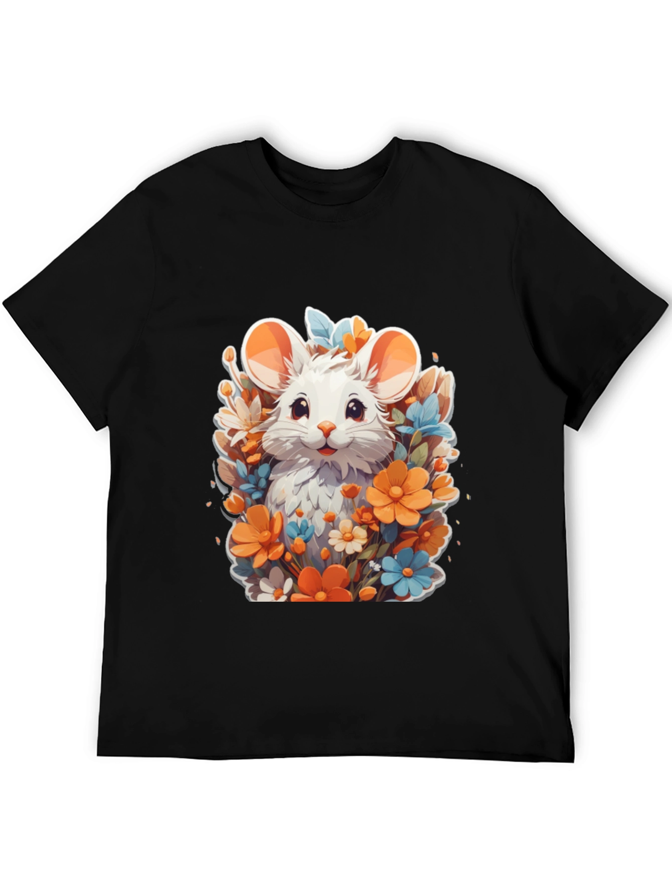 Cute Mouse & Flowers Black T-Shirt
