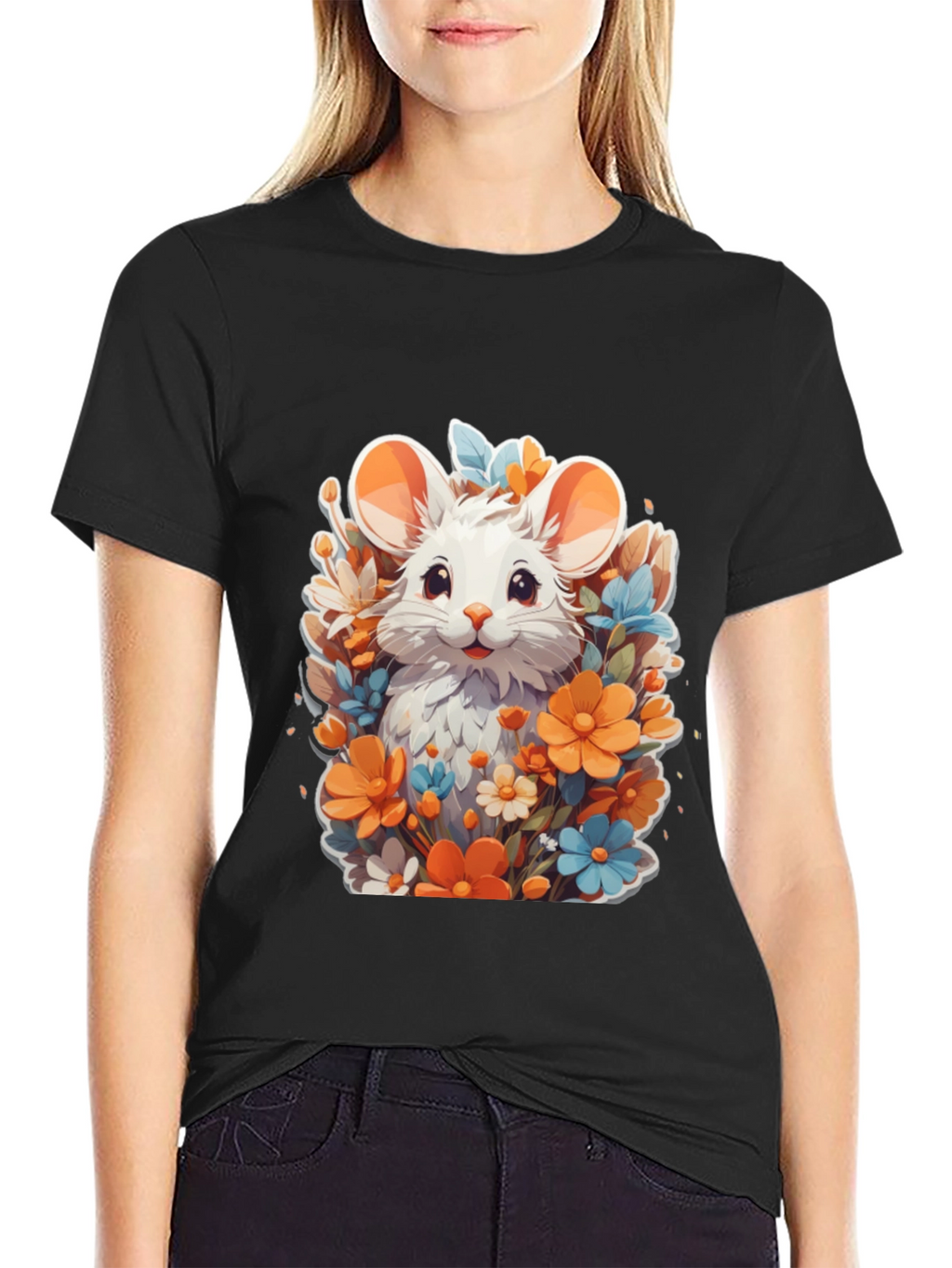 Cute Mouse & Flowers Black T-Shirt