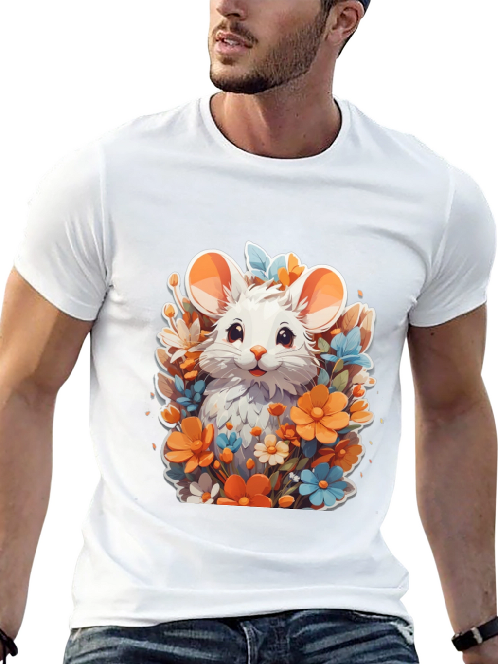 Cute Mouse & Flowers Black T-Shirt