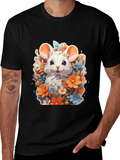 Cute Mouse & Flowers Black T-Shirt