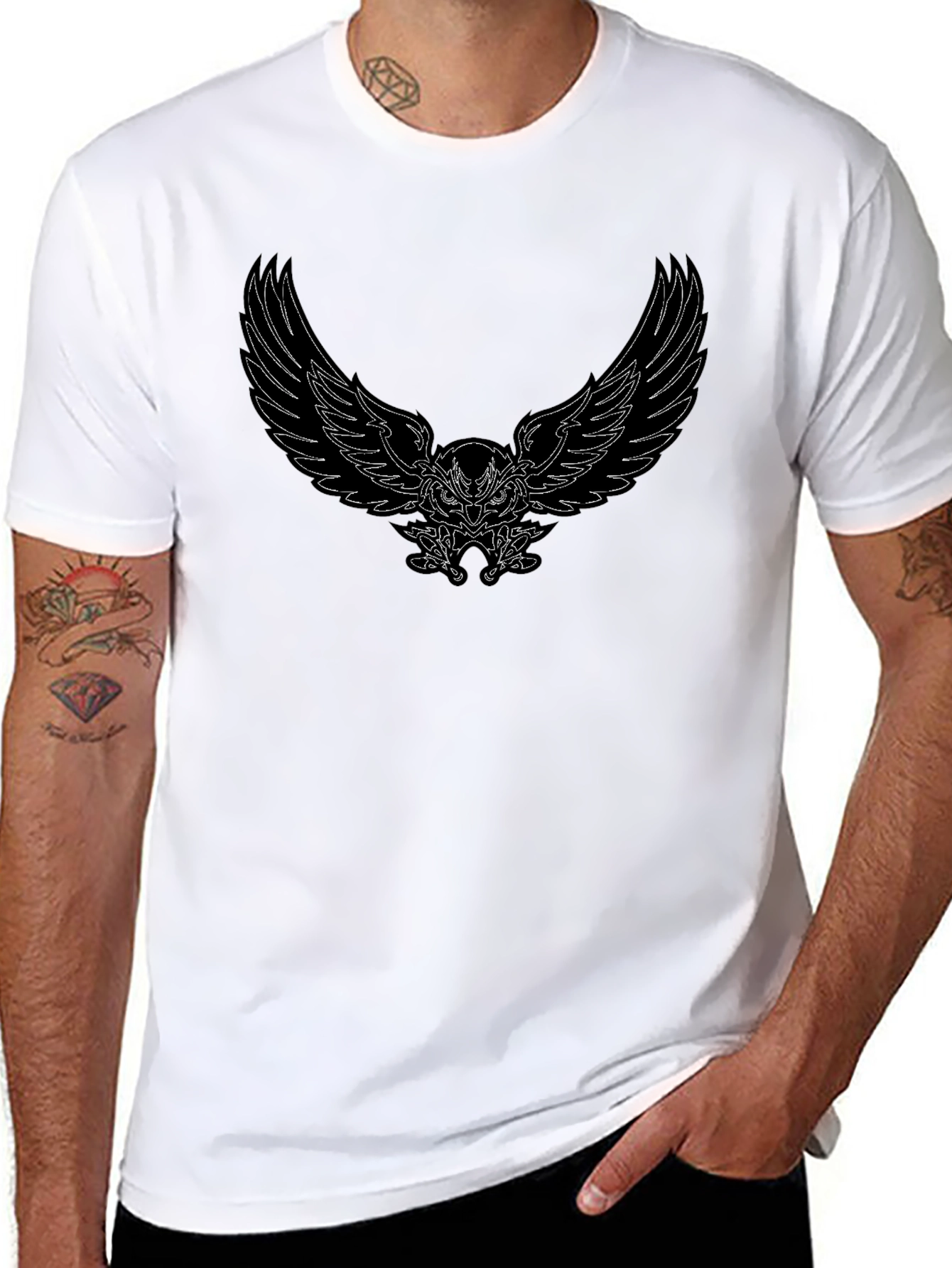 Mens Black T-Shirt with Winged Owl Graphic