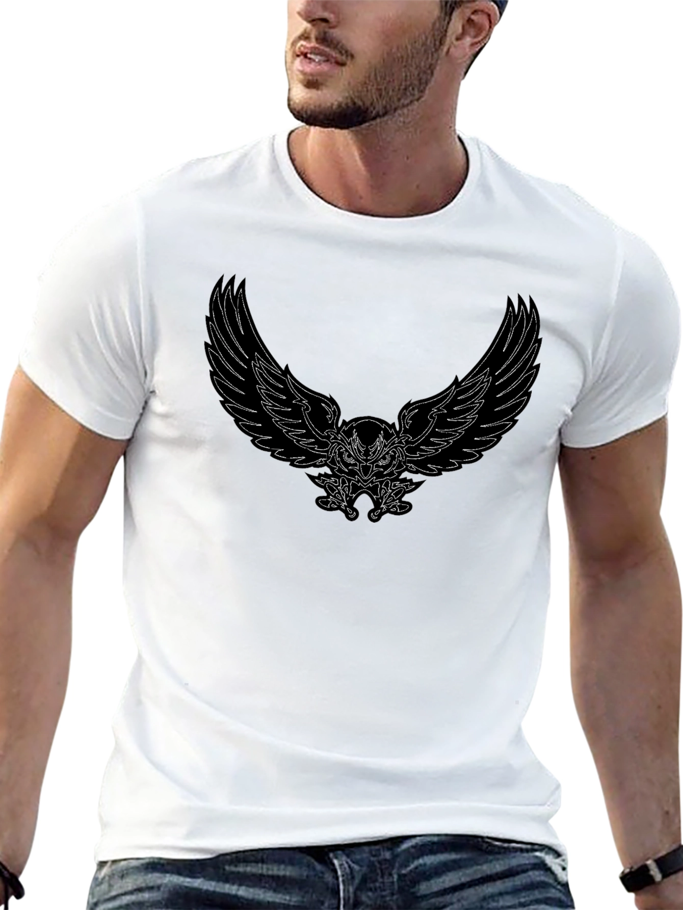 Mens Black T-Shirt with Winged Owl Graphic