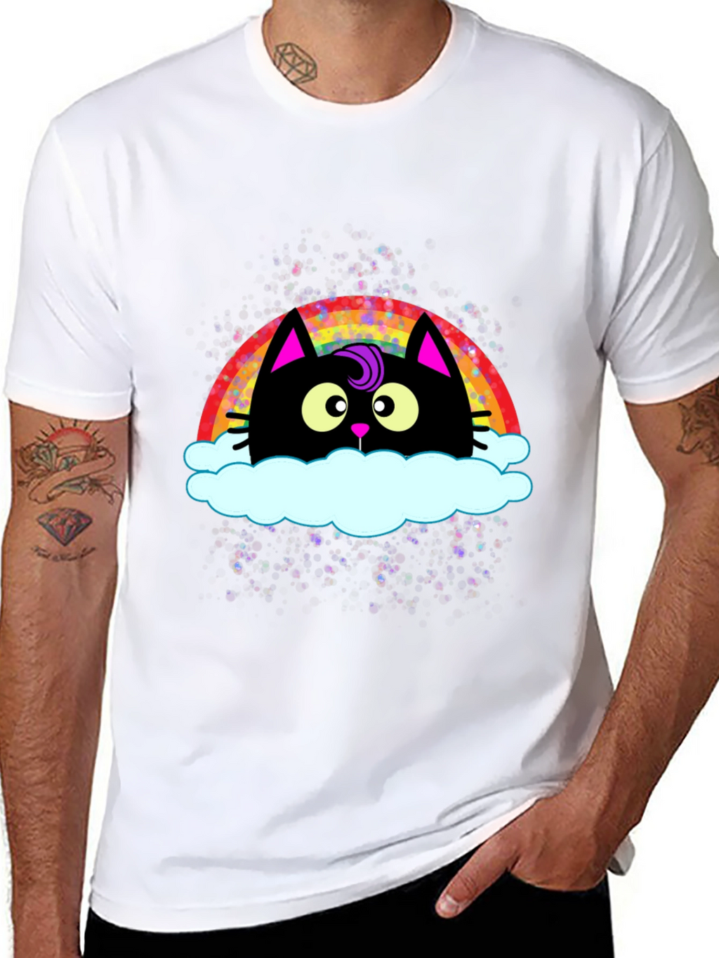 Rainbow Cat Cloud Graphic T-Shirt - Trendy Casual Tee