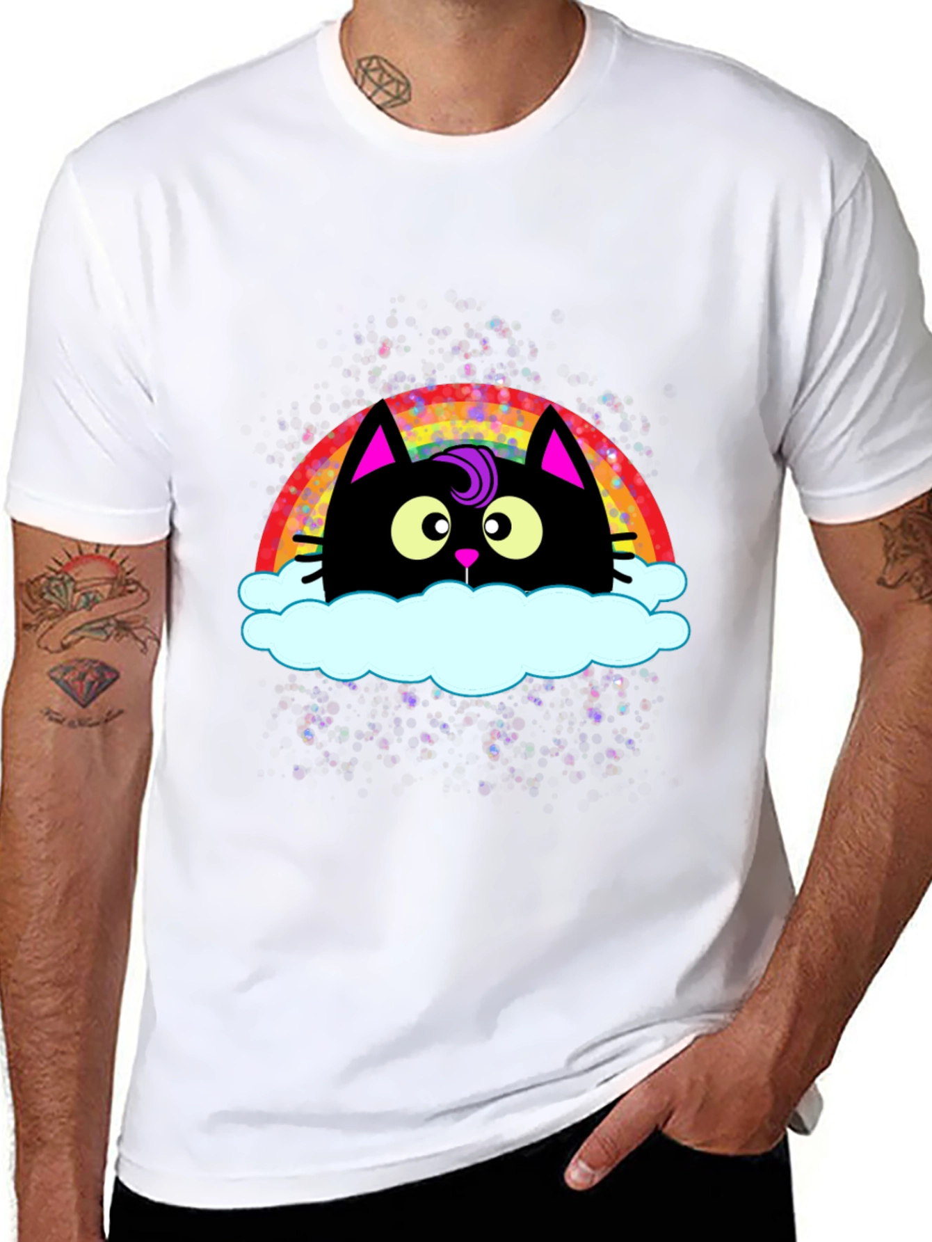 Rainbow Cat Cloud Graphic T-Shirt - Trendy Casual Tee