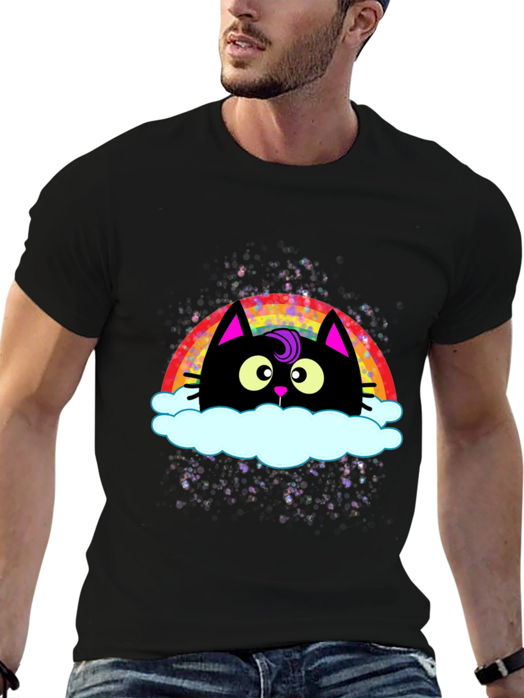 Rainbow Cat Cloud Graphic T-Shirt - Trendy Casual Tee