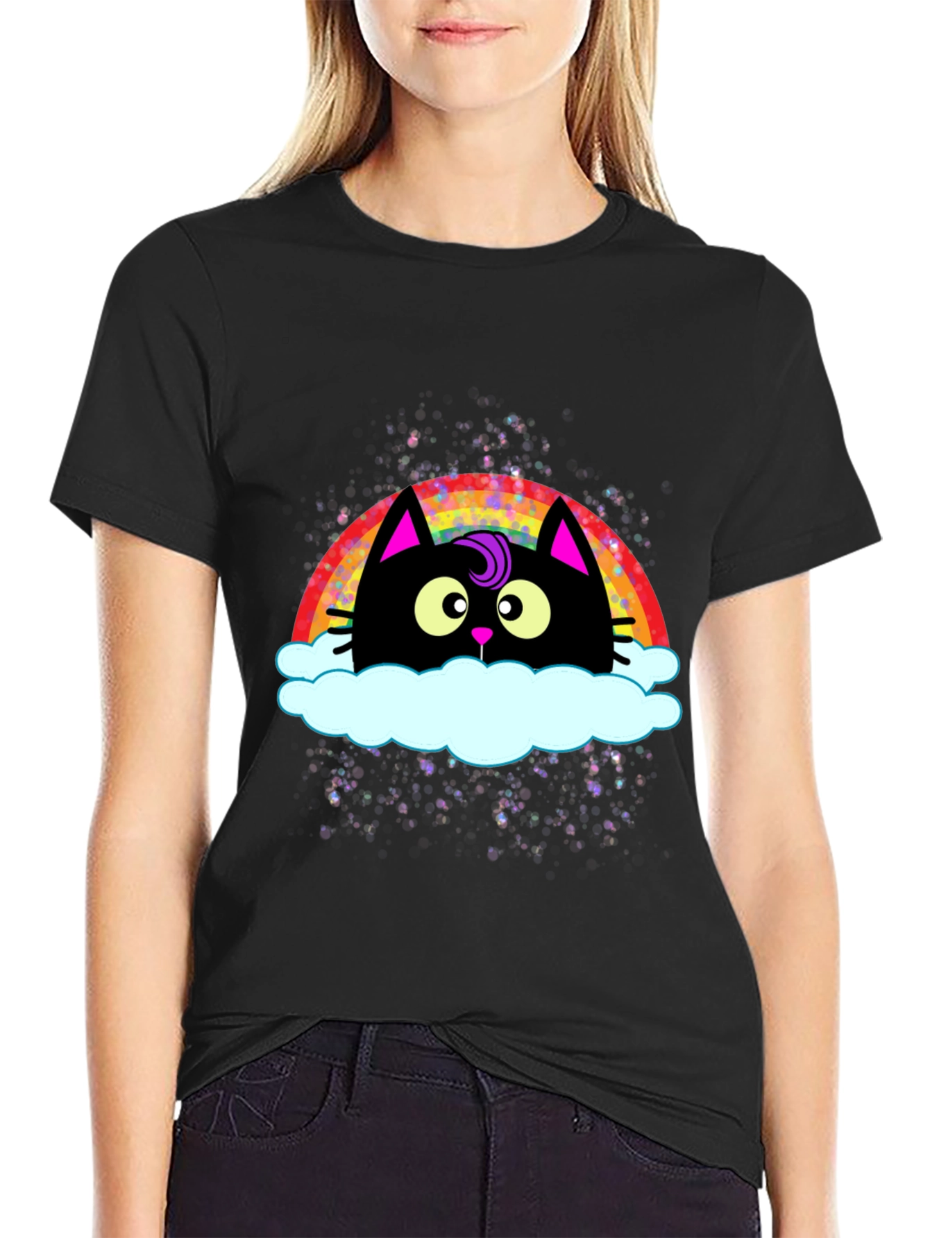 Rainbow Cat Cloud Graphic T-Shirt - Trendy Casual Tee