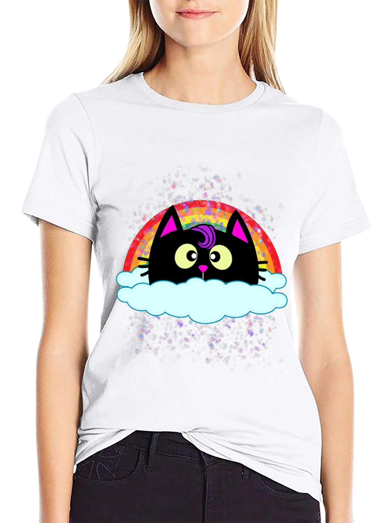 Rainbow Cat Cloud Graphic T-Shirt - Trendy Casual Tee