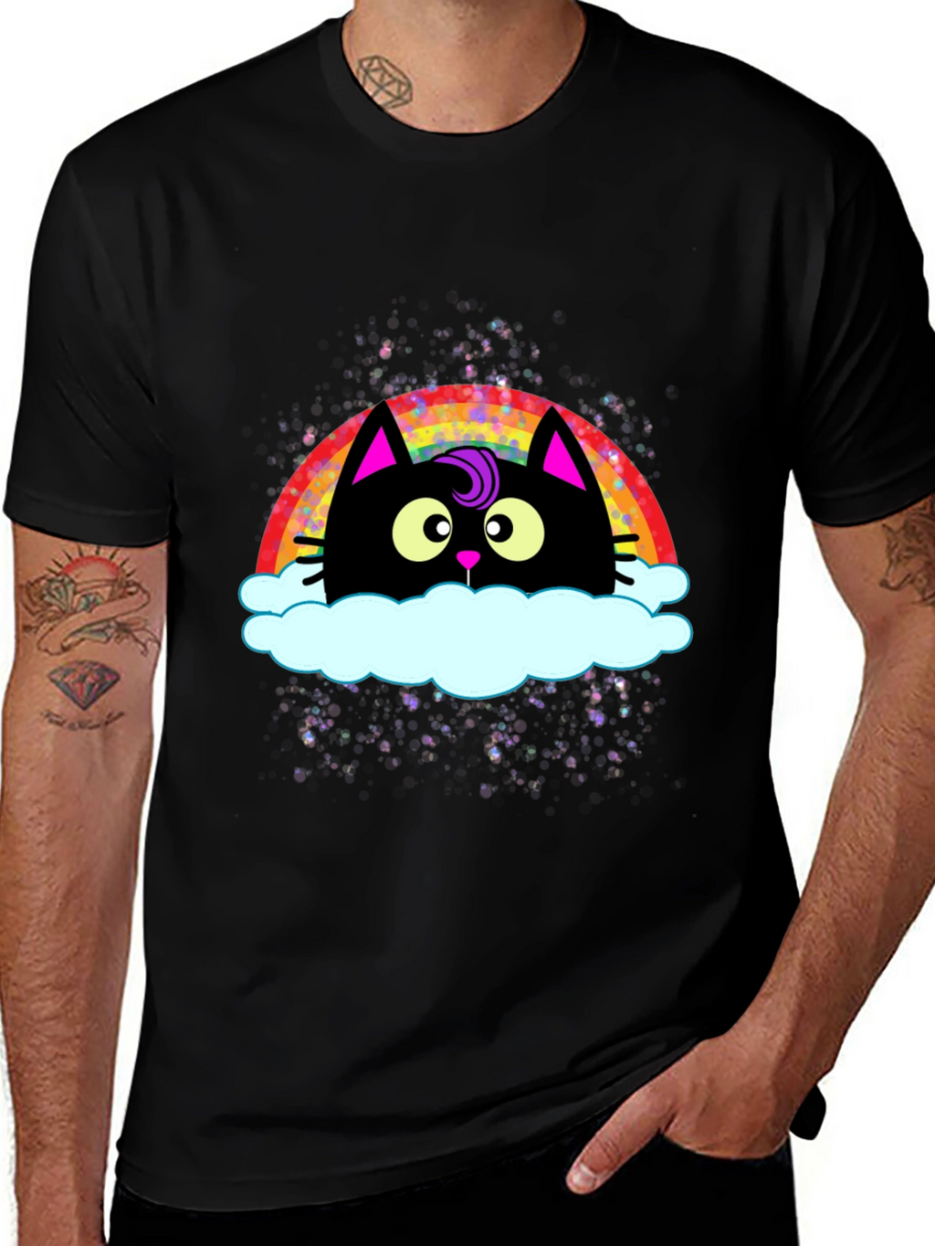 Rainbow Cat Cloud Graphic T-Shirt - Trendy Casual Tee