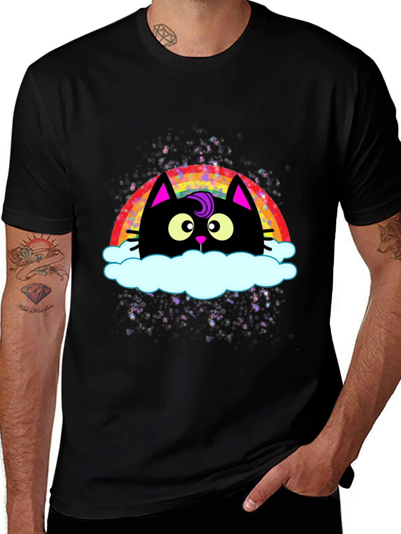 Rainbow Cat Cloud Graphic T-Shirt - Trendy Casual Tee