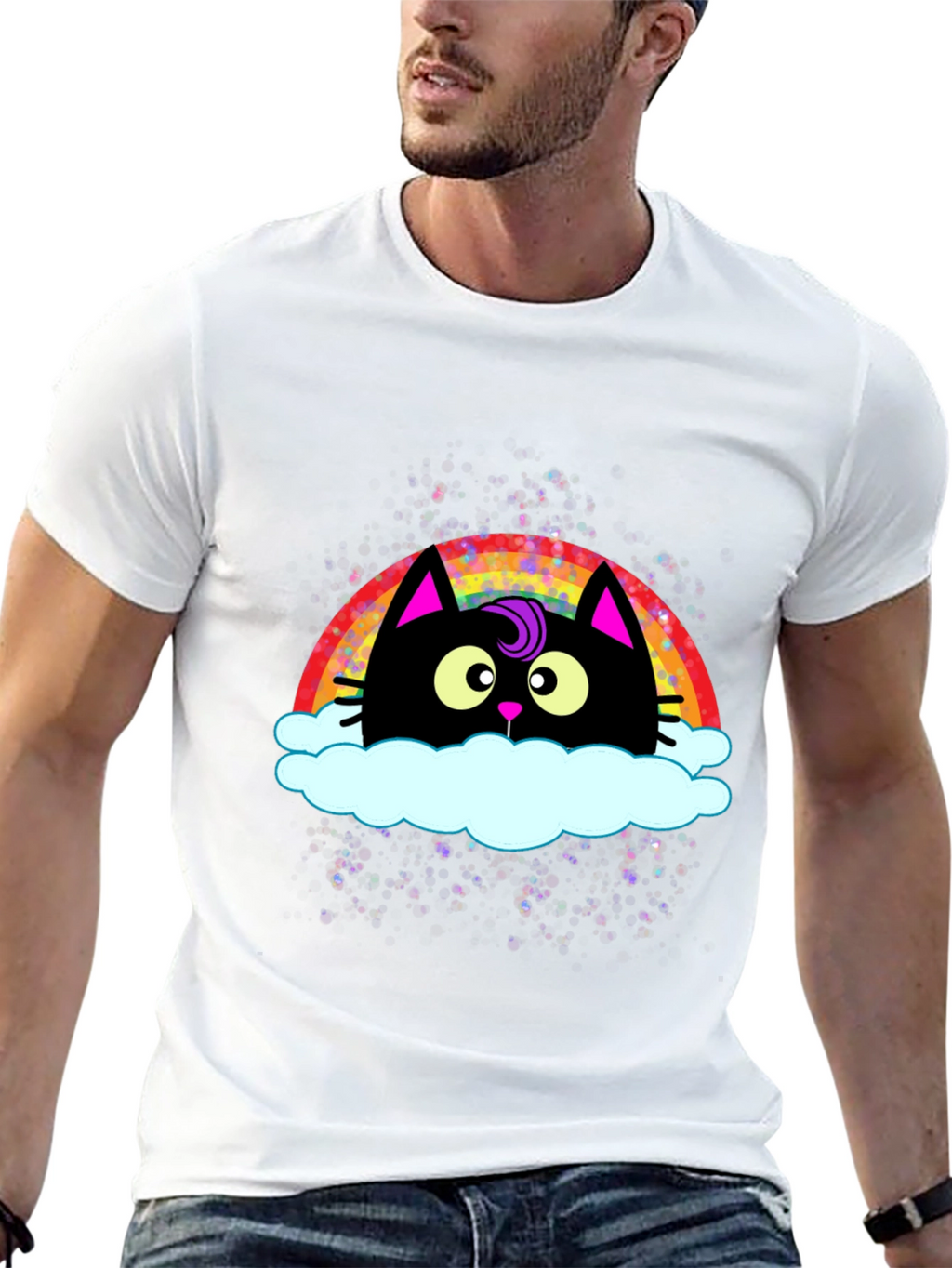Rainbow Cat Cloud Graphic T-Shirt - Trendy Casual Tee