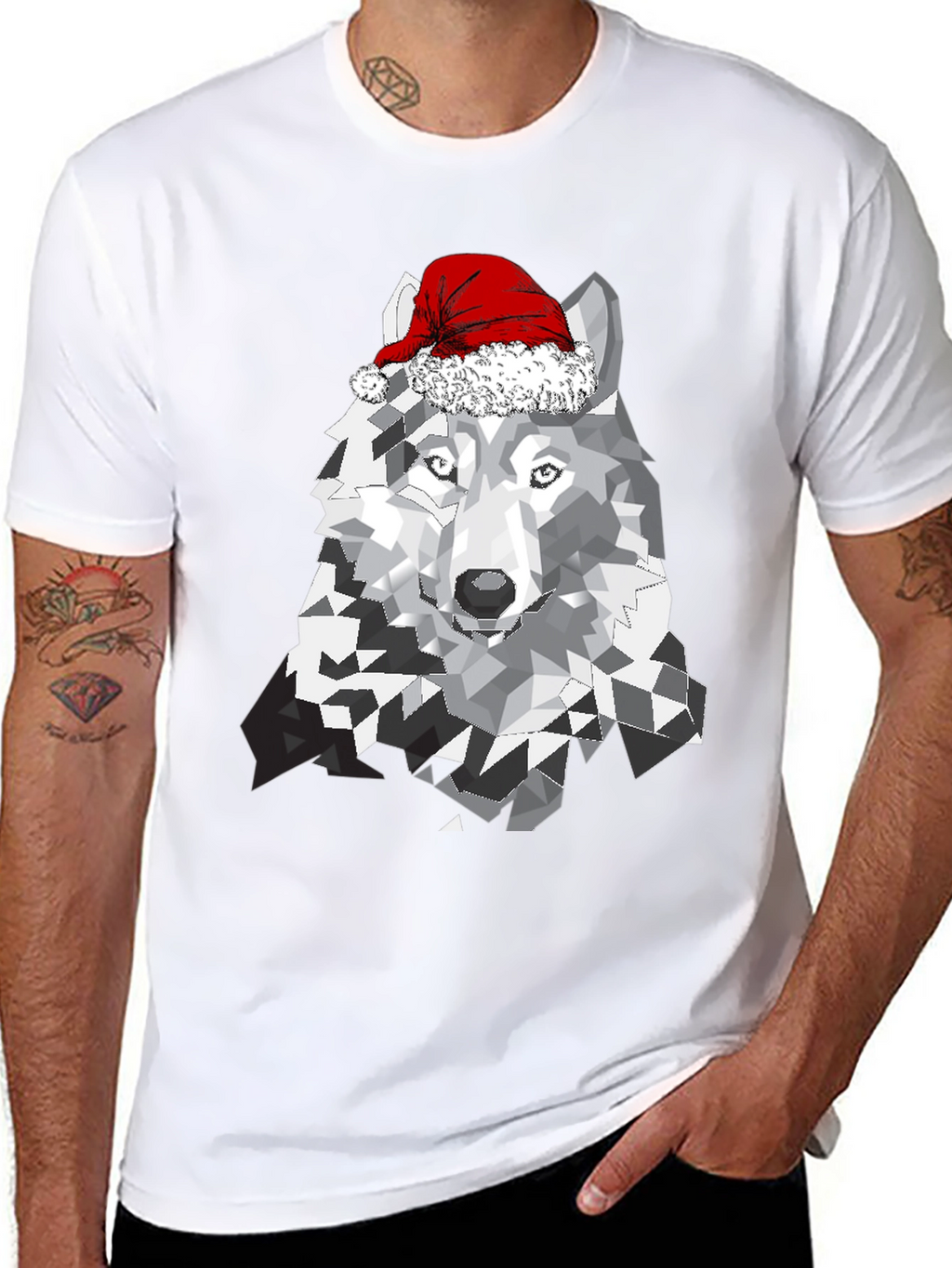 Wolf with Santa Hat Graphic T-Shirt