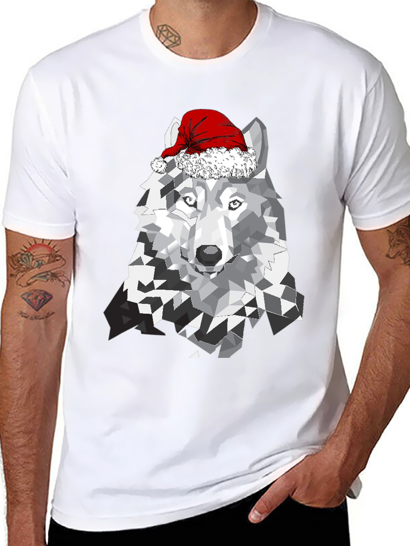 Wolf with Santa Hat Graphic T-Shirt