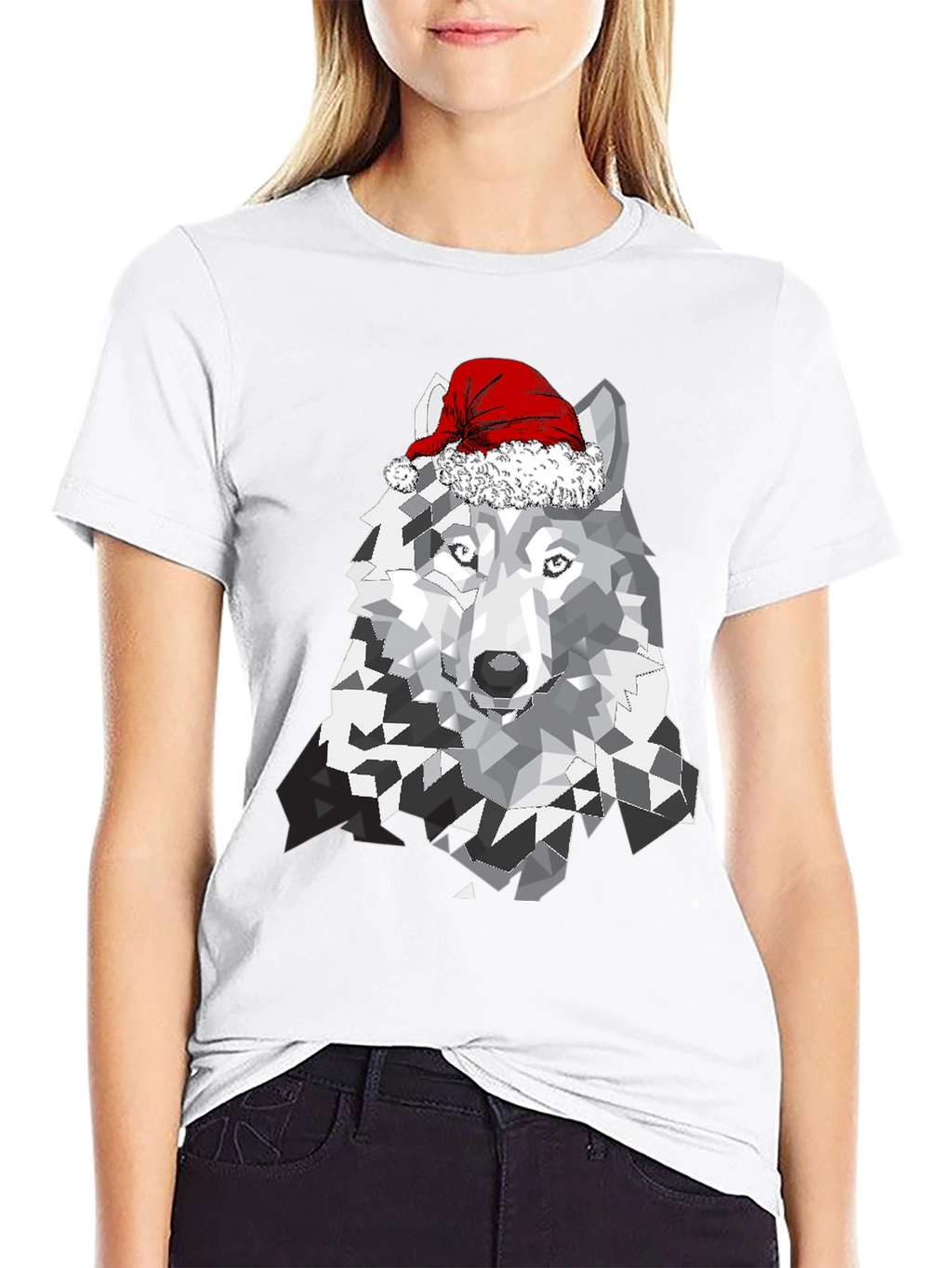 Wolf with Santa Hat Graphic T-Shirt
