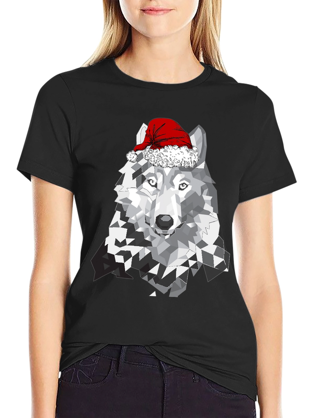 Wolf with Santa Hat Graphic T-Shirt
