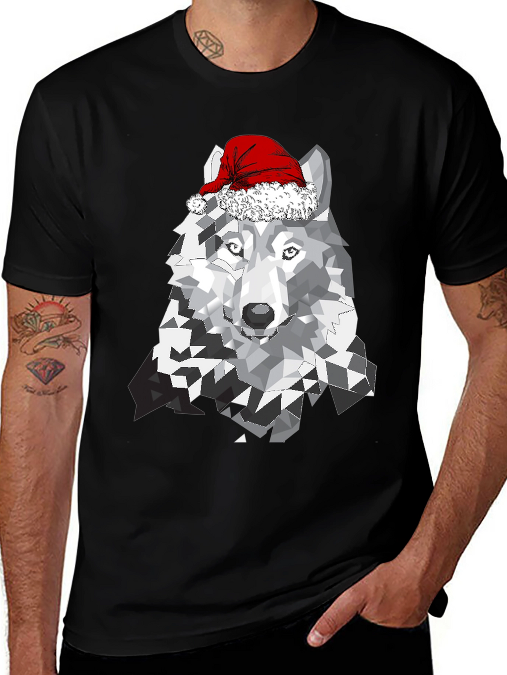 Wolf with Santa Hat Graphic T-Shirt