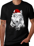 Wolf with Santa Hat Graphic T-Shirt