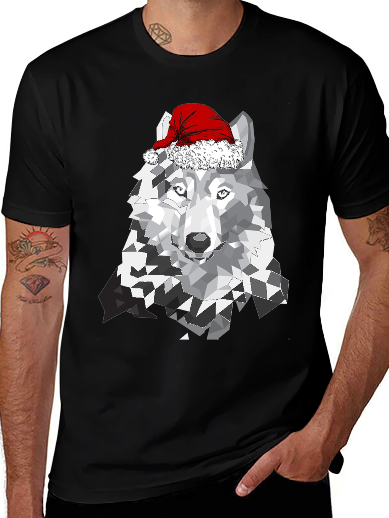 Wolf with Santa Hat Graphic T-Shirt