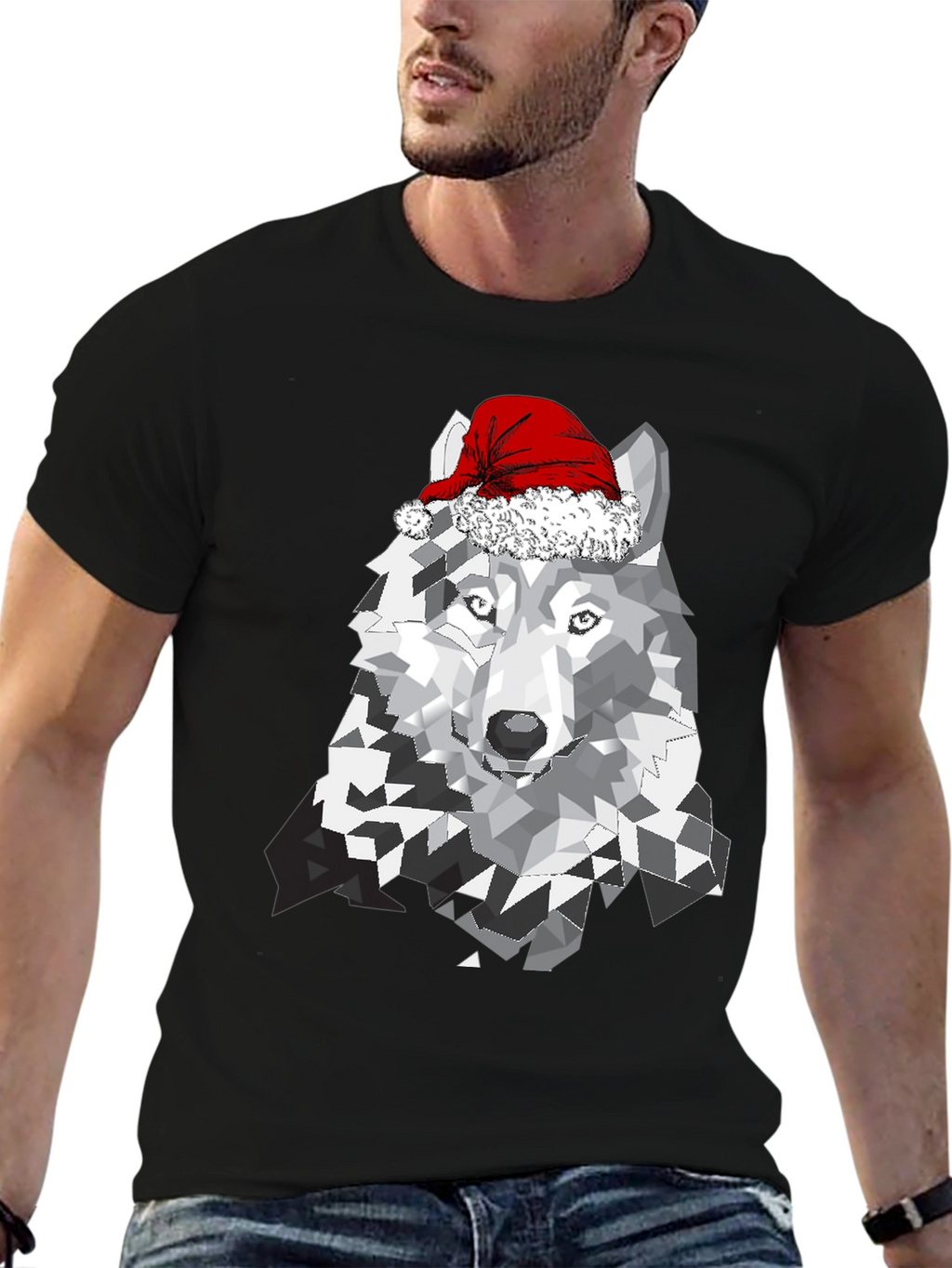 Wolf with Santa Hat Graphic T-Shirt