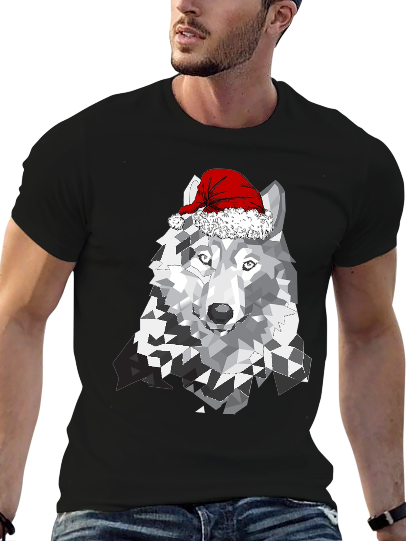 Wolf with Santa Hat Graphic T-Shirt