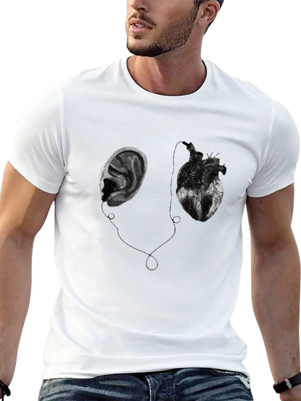 Heart & Ear Graphic Tee - Black Cotton T-Shirt