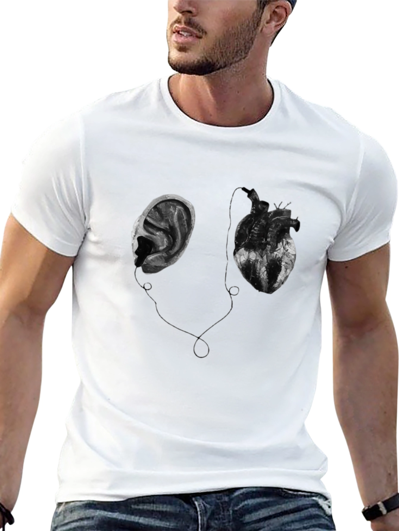 Heart & Ear Graphic Tee - Black Cotton T-Shirt