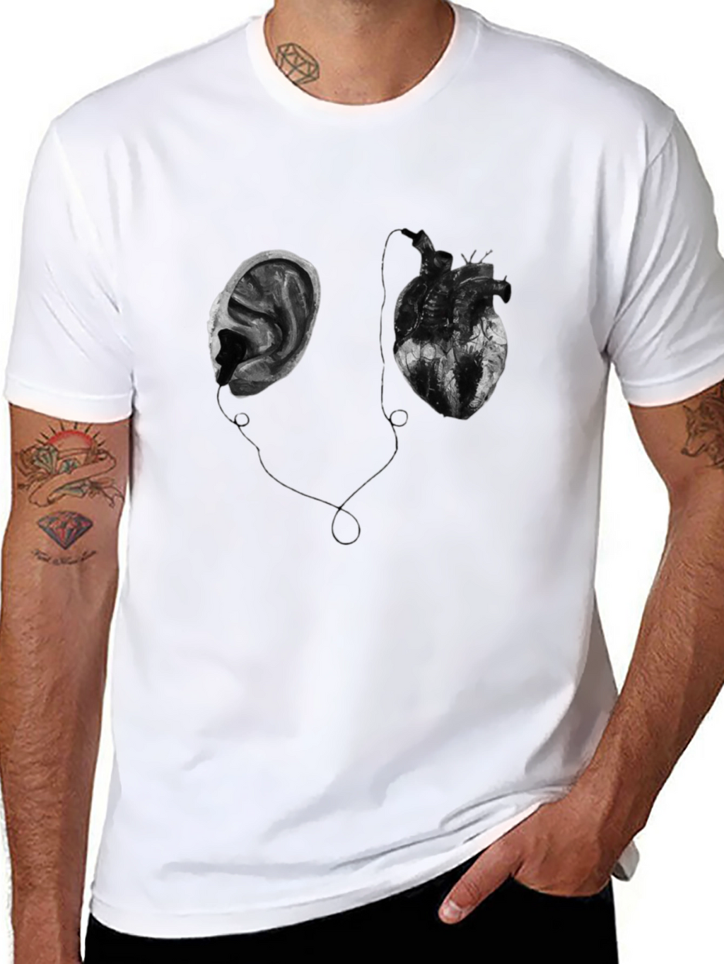 Heart & Ear Graphic Tee - Black Cotton T-Shirt