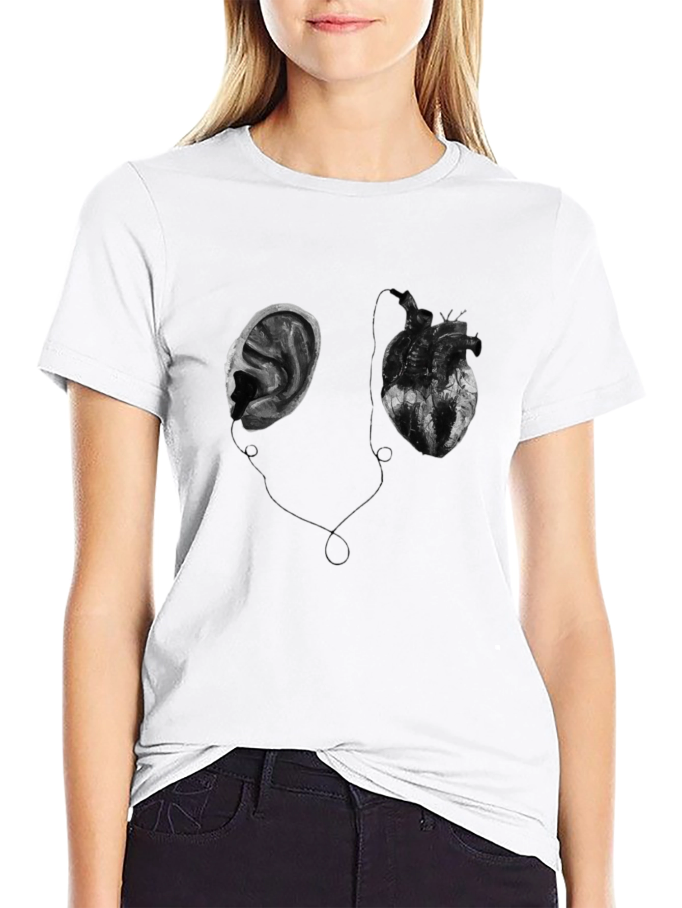 Heart & Ear Graphic Tee - Black Cotton T-Shirt