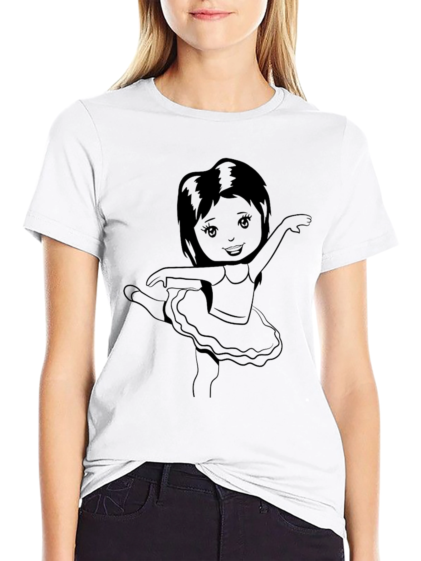 Ballerina Girl Graphic Tee - Black Cotton Casual