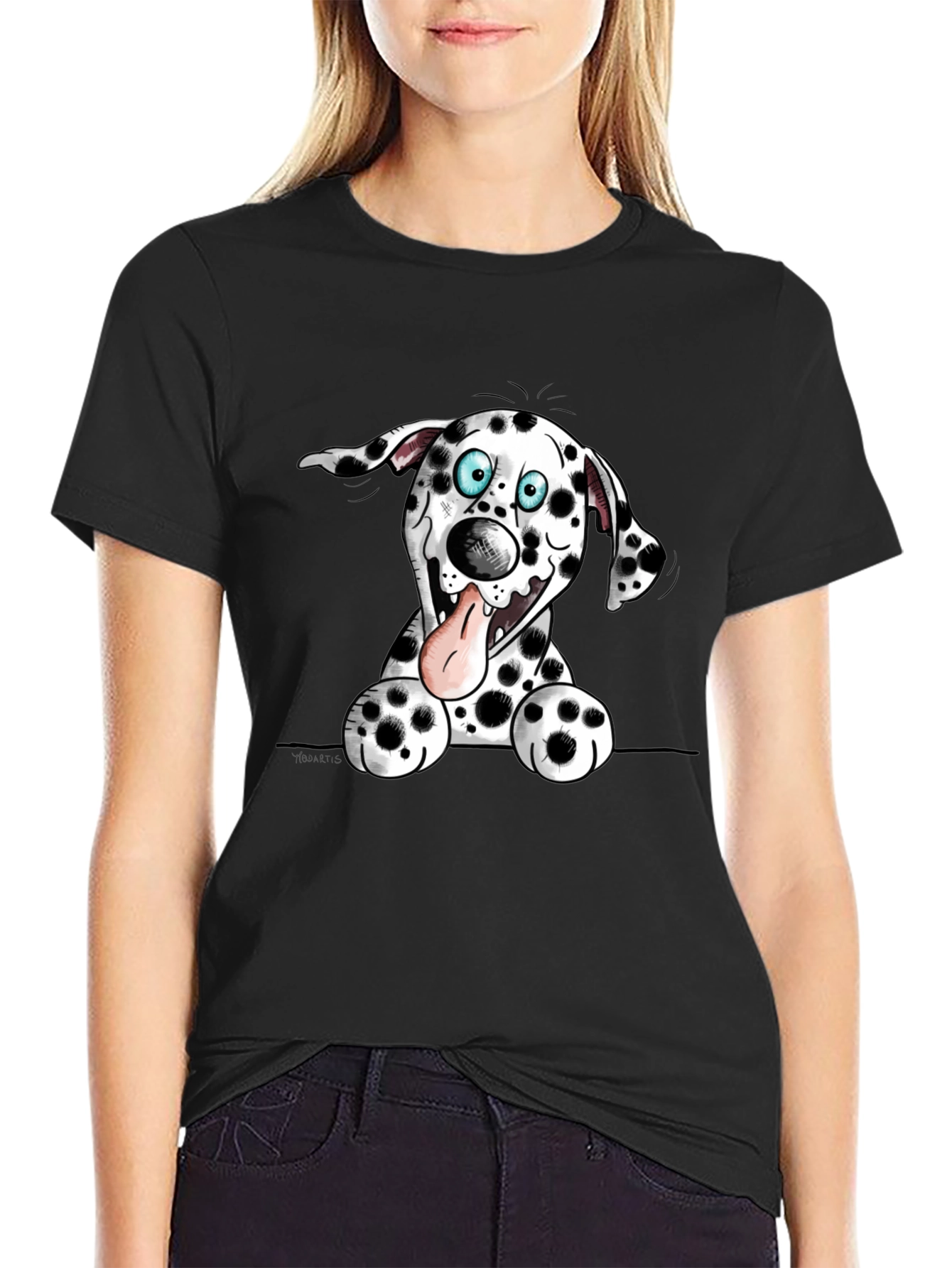 Cartoon Dalmatian Dog Graphic Tee - Black