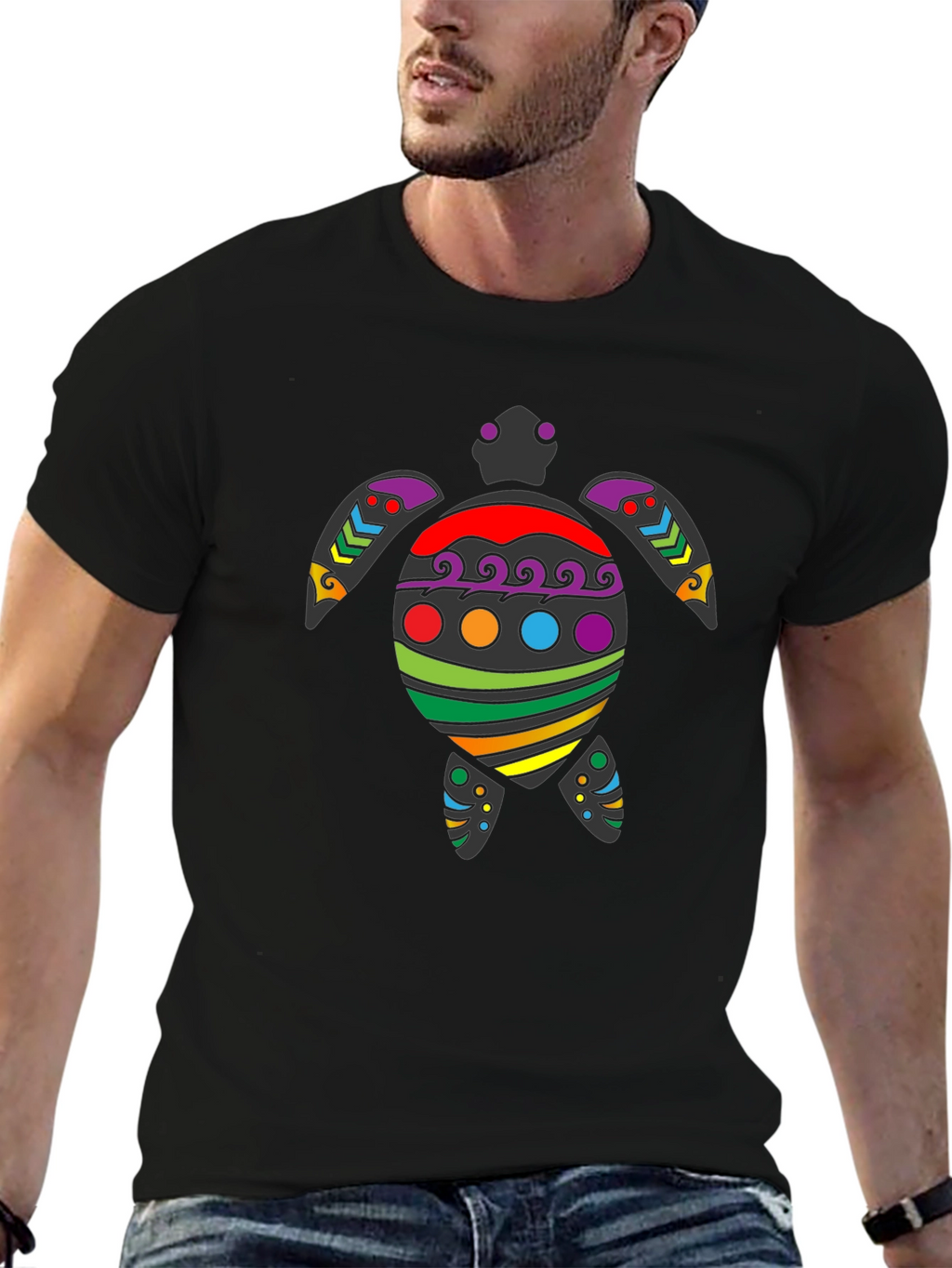 Rainbow Turtle Graphic Tee - Black Cotton Blend