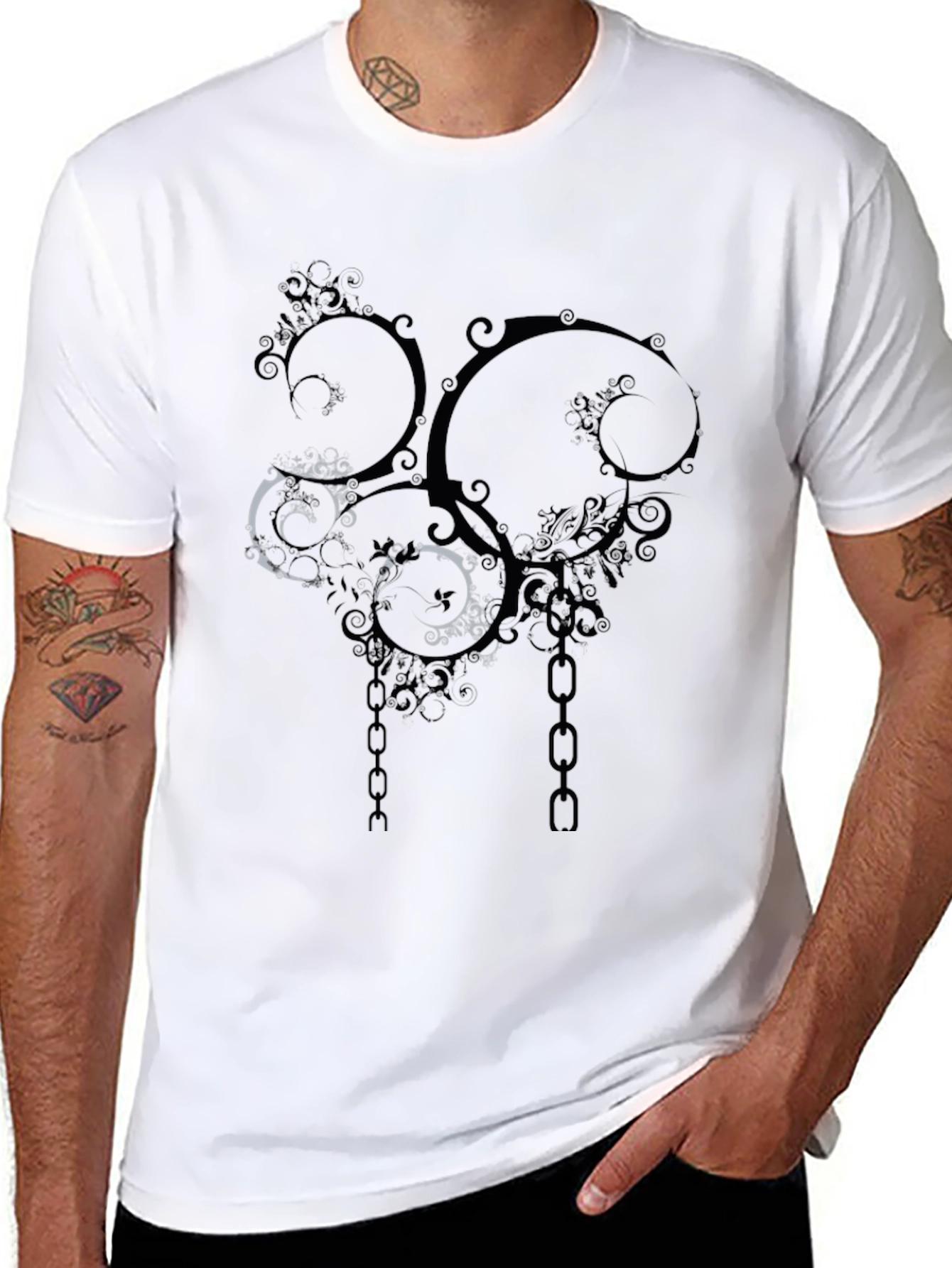 Abstract Swirls & Chains Black Graphic Tee