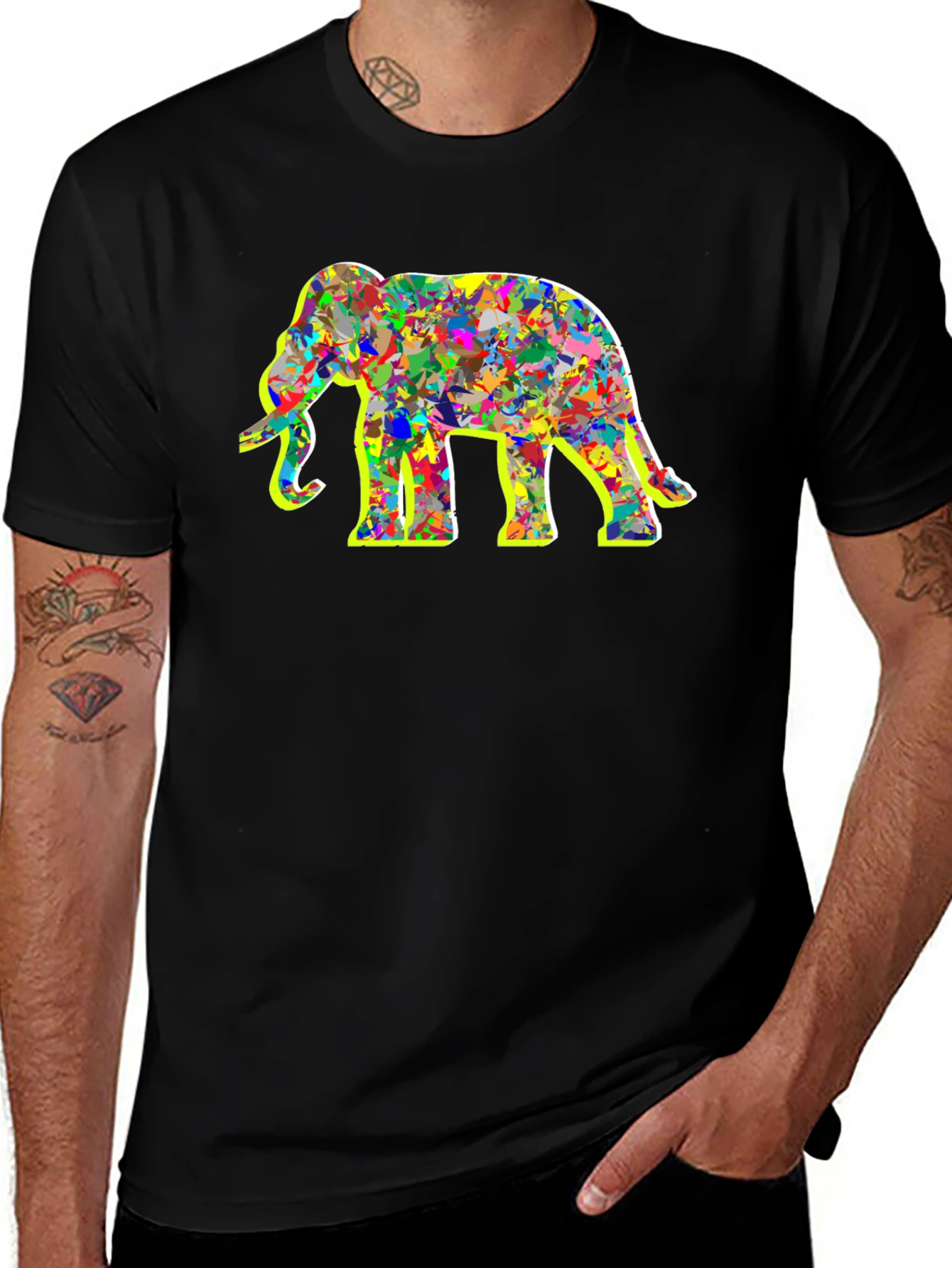 Abstract Elephant Graphic Tee - Black Cotton Shirt