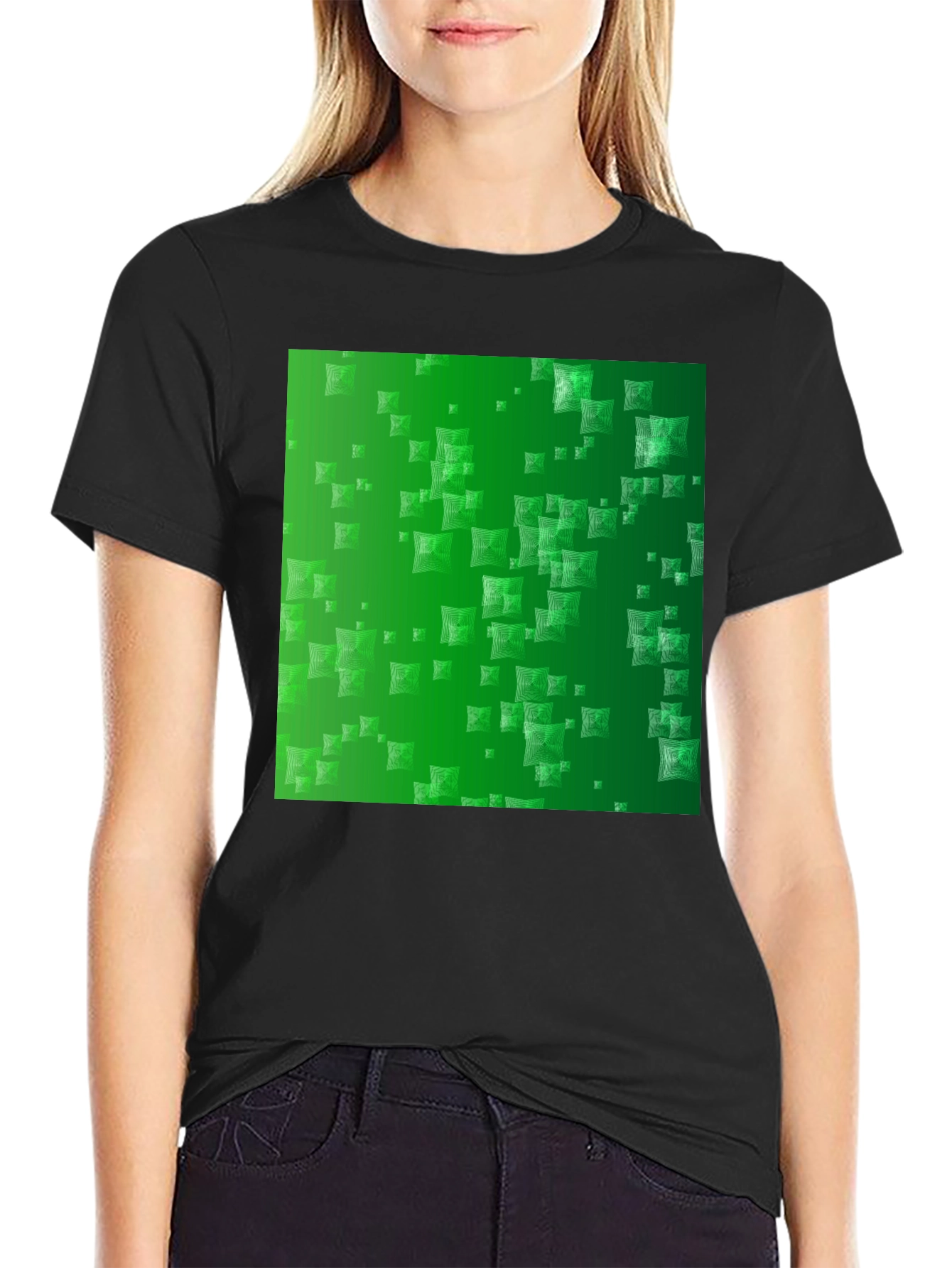Stylish Black Tee with Green Square Design
