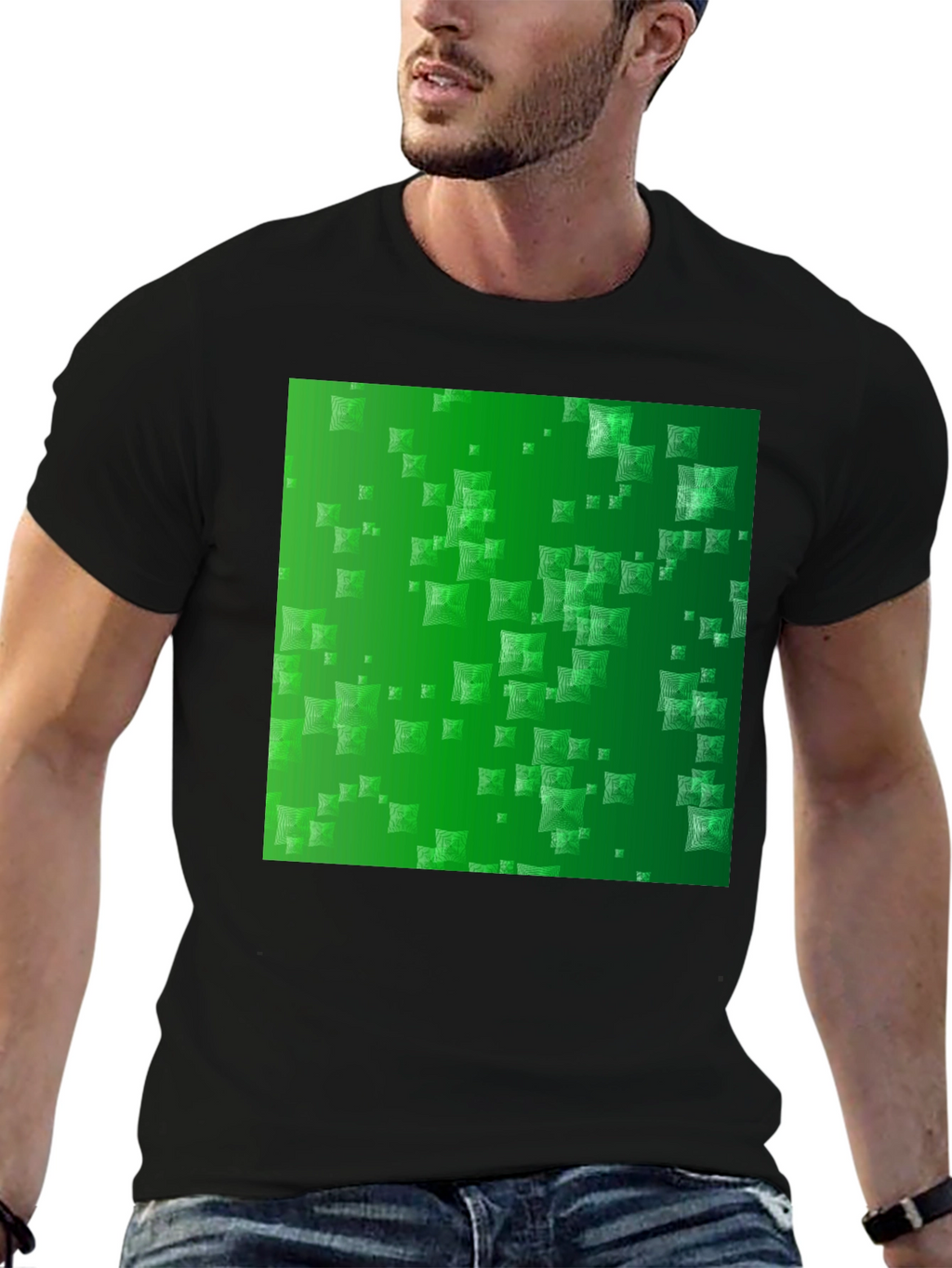Stylish Black Tee with Green Square Design