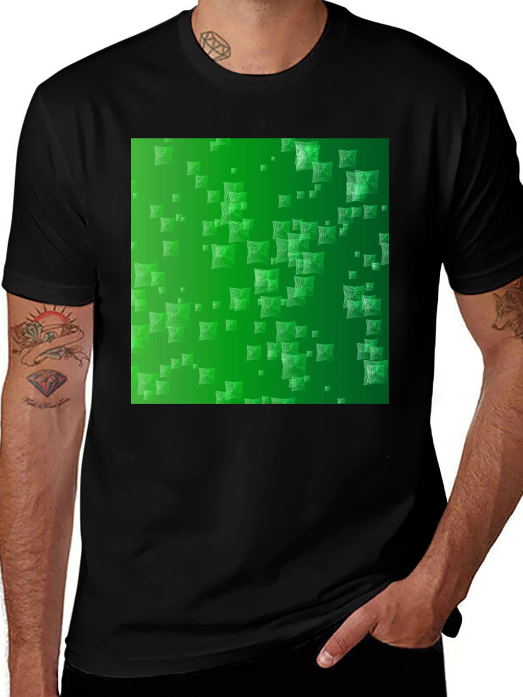 Stylish Black Tee with Green Square Design
