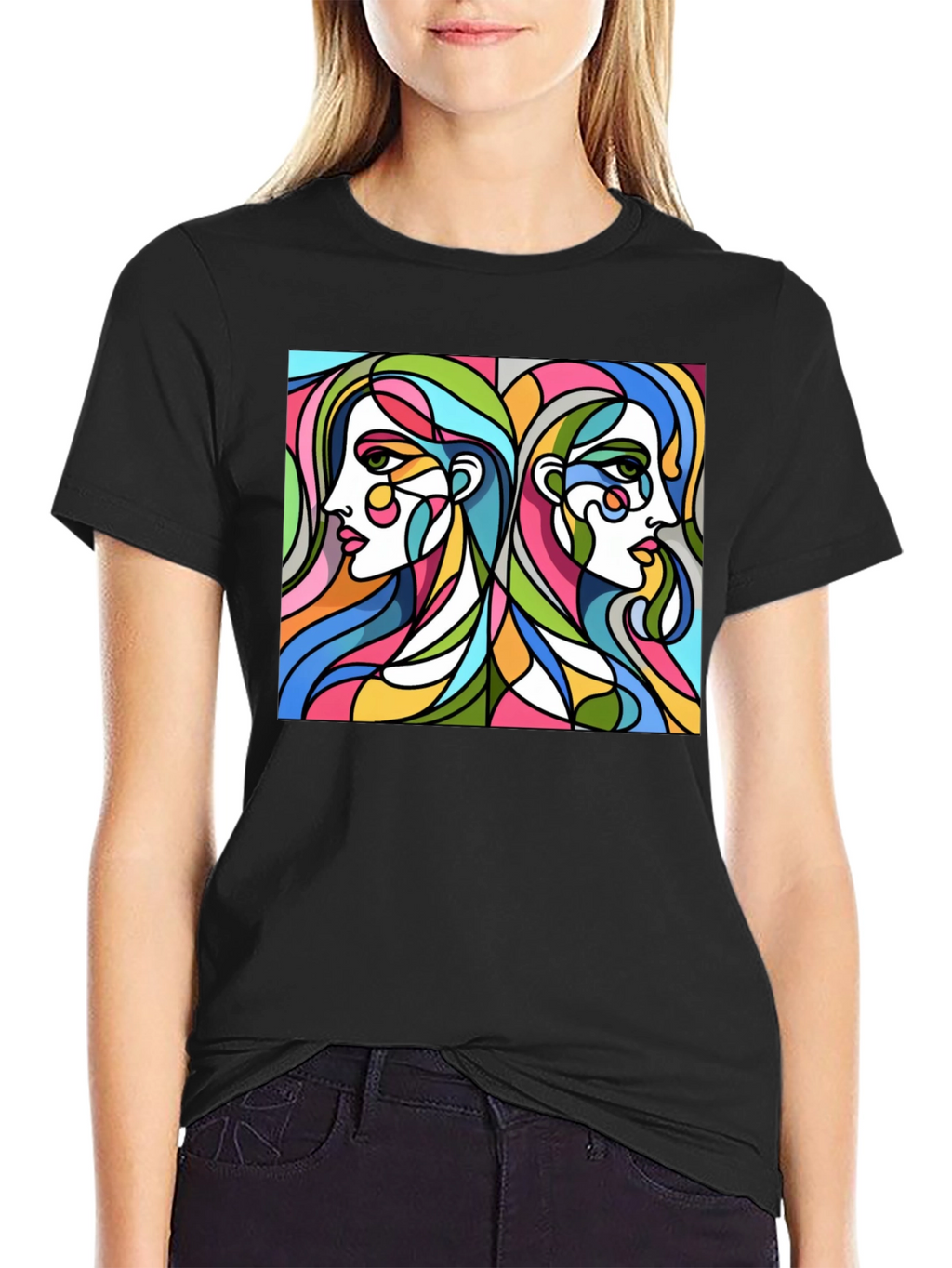 Abstract Women Graphic Tee - Stylish Black T-Shirt