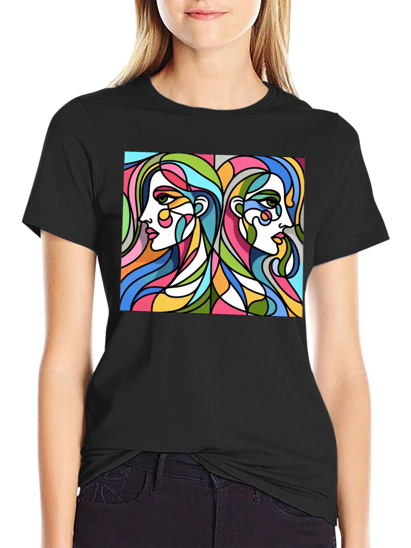 Abstract Women Graphic Tee - Stylish Black T-Shirt
