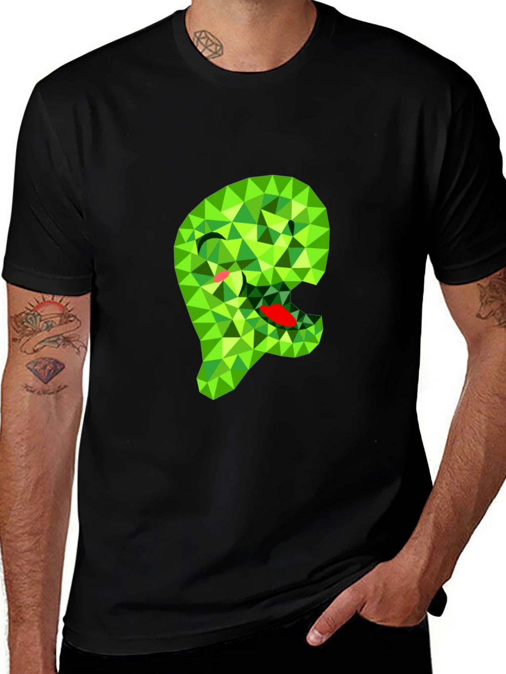 Geometric Green Monster Graphic Black T-Shirt