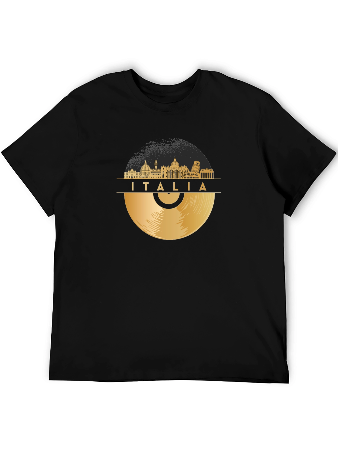 Italia Skyline Gold Vinyl Record Black T-Shirt