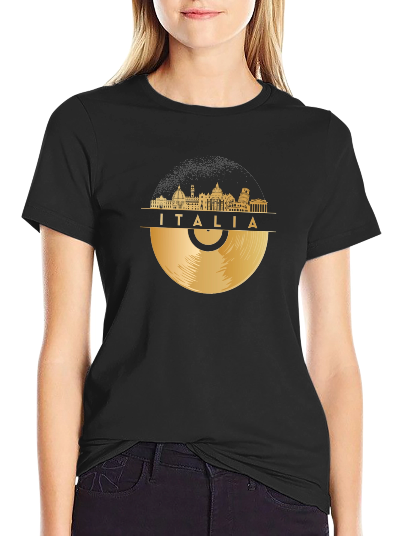Italia Skyline Gold Vinyl Record Black T-Shirt