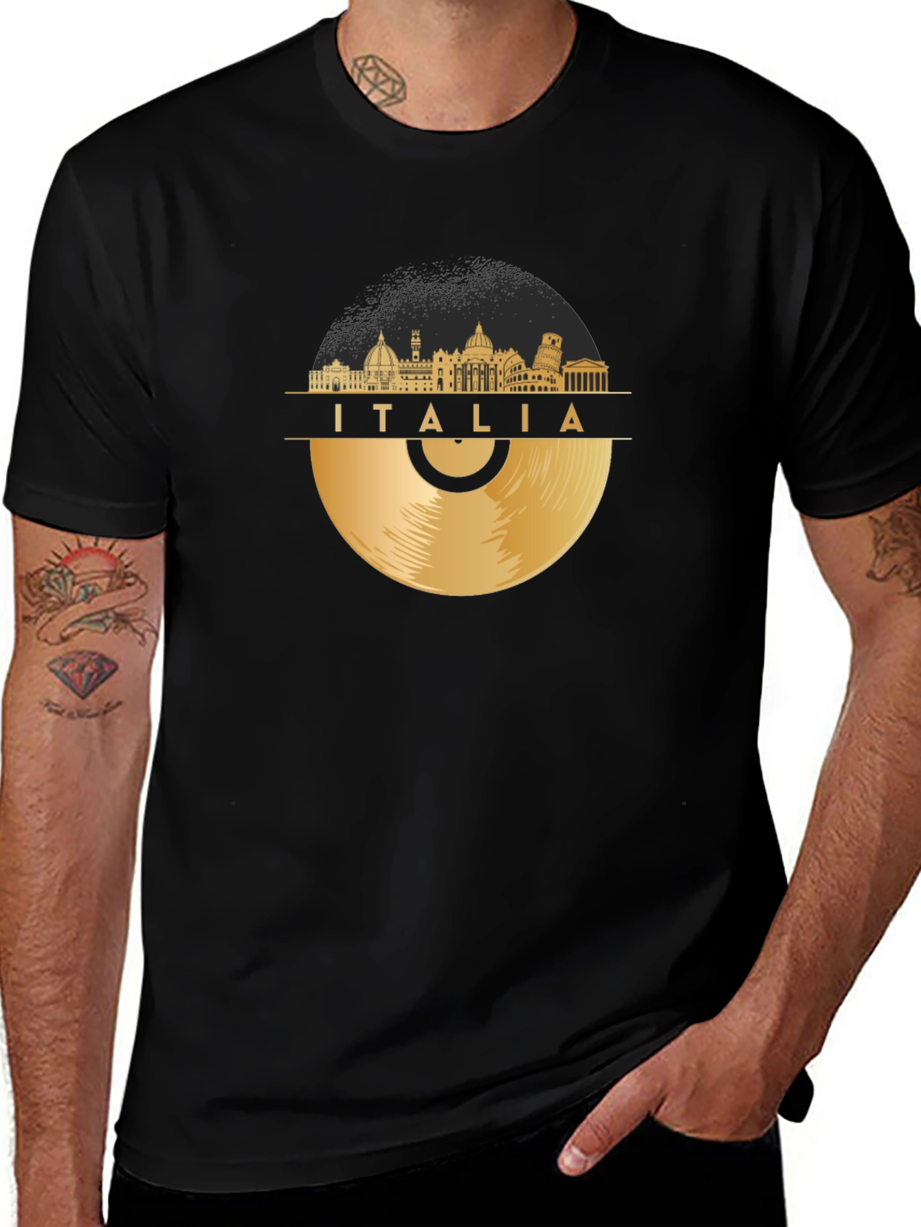 Italia Skyline Gold Vinyl Record Black T-Shirt