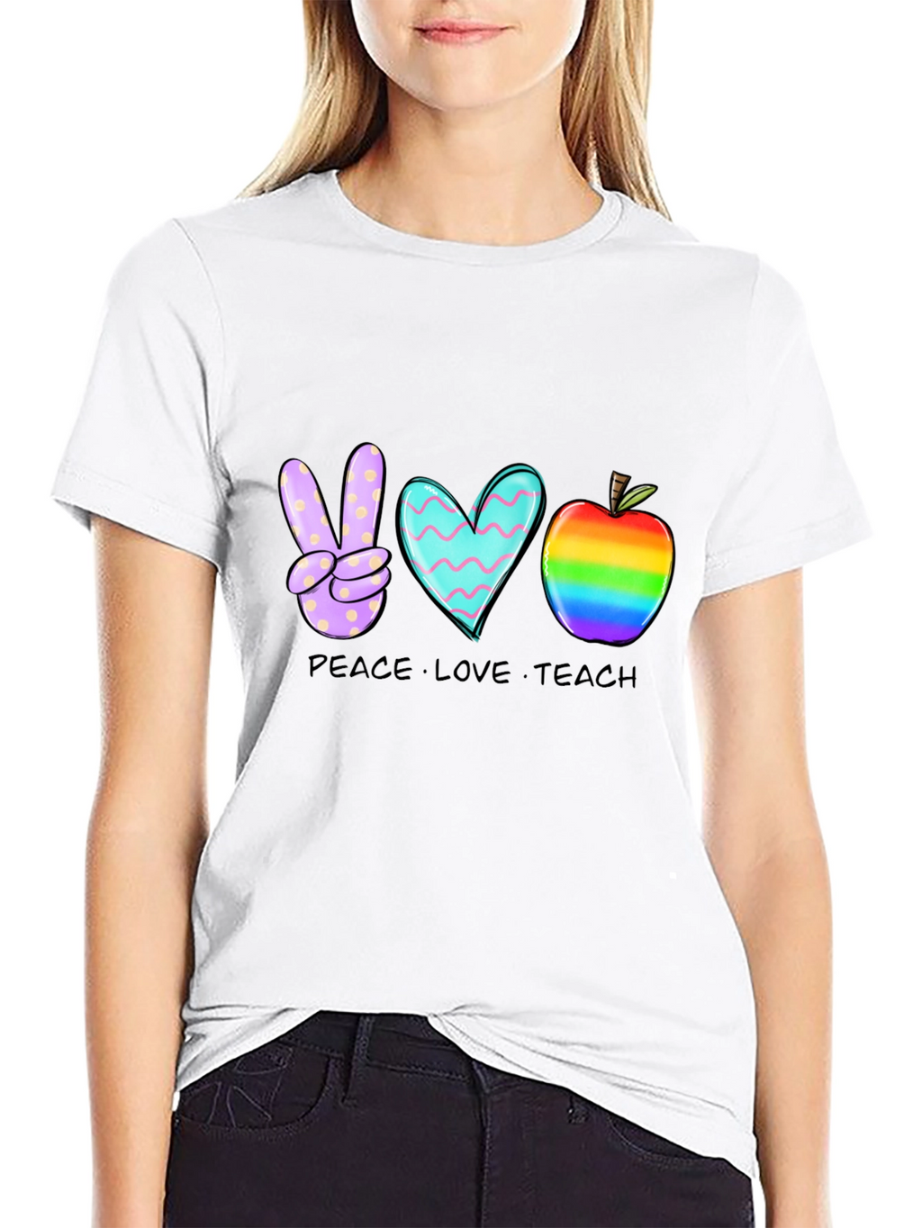 Peace Love Teach T-Shirt Teacher Rainbow Apple Heart