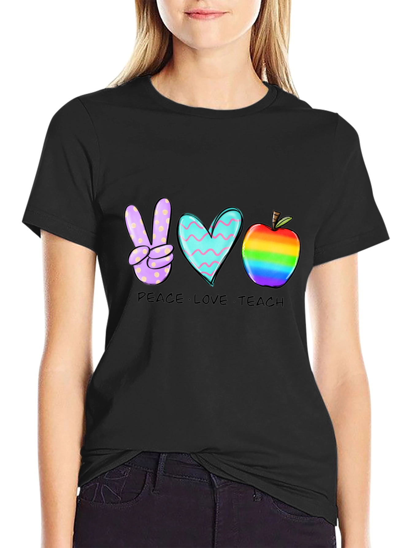 Peace Love Teach T-Shirt Teacher Rainbow Apple Heart