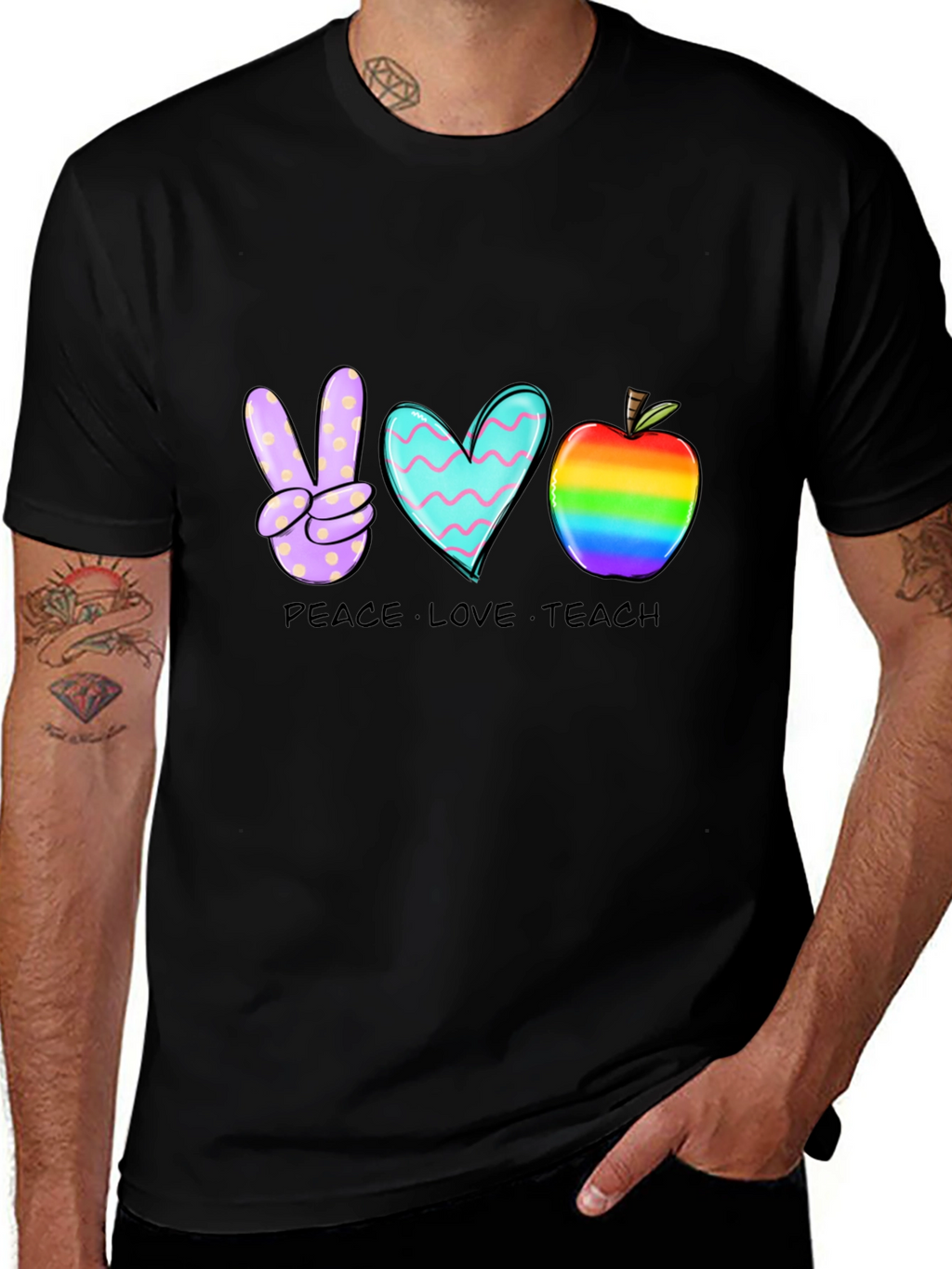 Peace Love Teach T-Shirt Teacher Rainbow Apple Heart