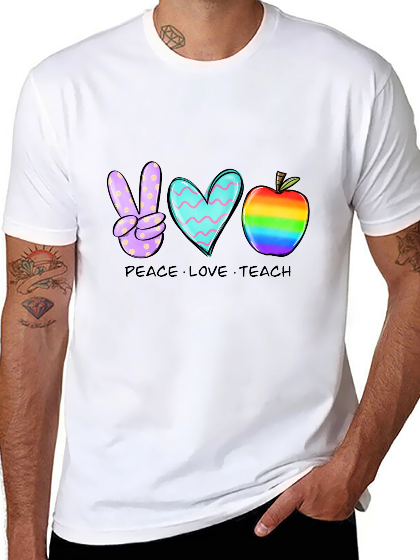 Peace Love Teach T-Shirt Teacher Rainbow Apple Heart