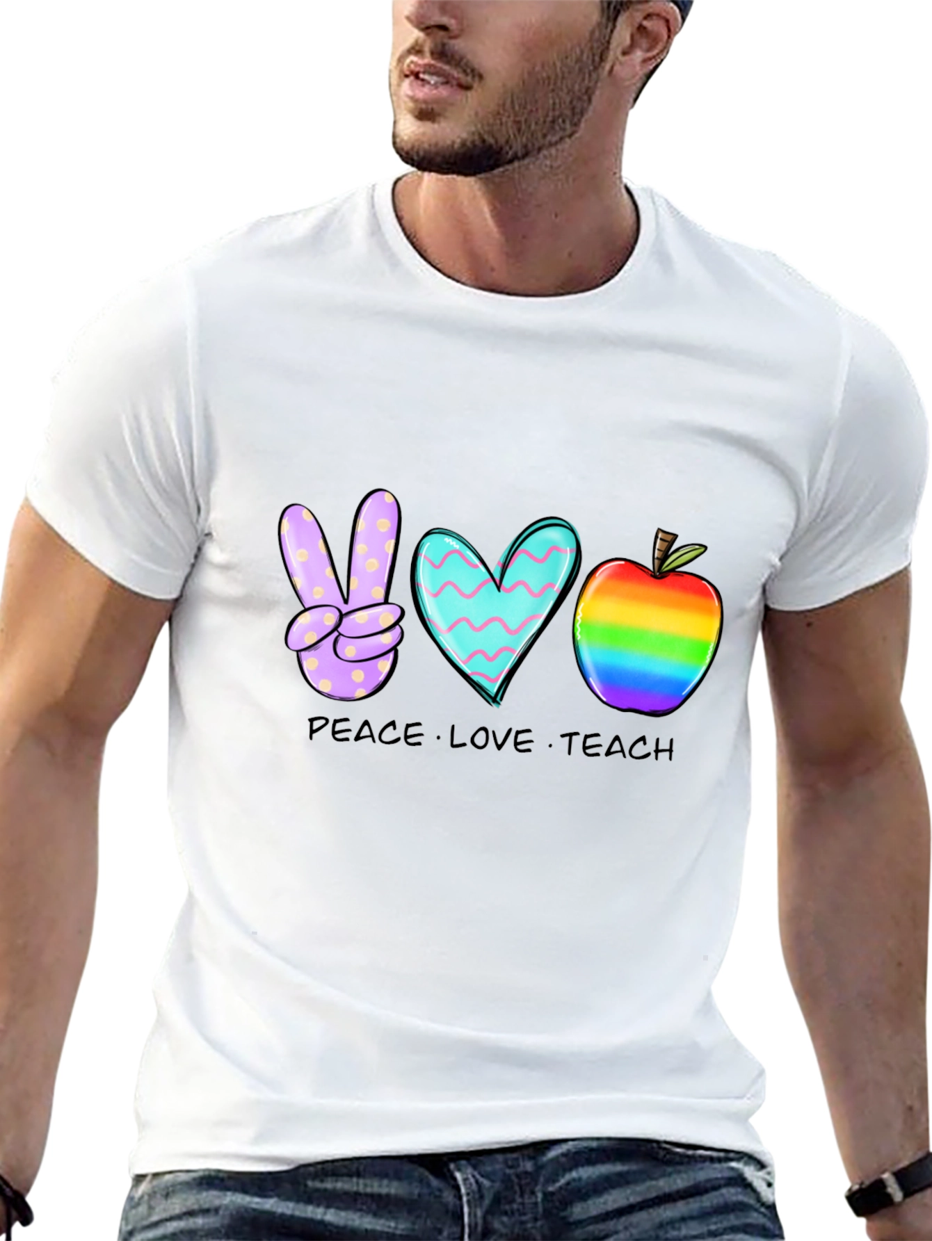 Peace Love Teach T-Shirt Teacher Rainbow Apple Heart